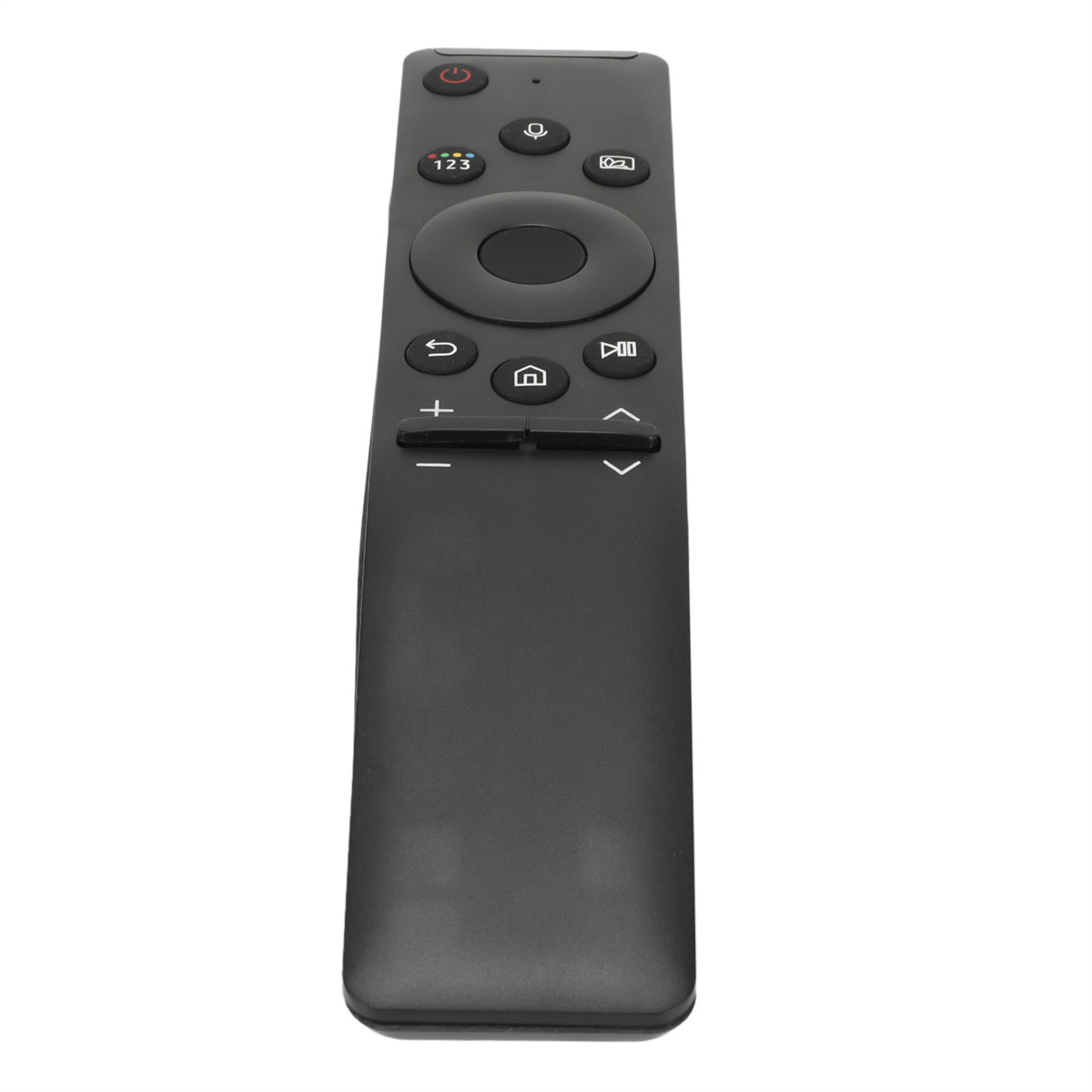 Schwarze TV-Fernbedienung mit vielen Knöpfen. Es gibt eine Ein/Aus-Taste und Richtungstasten.