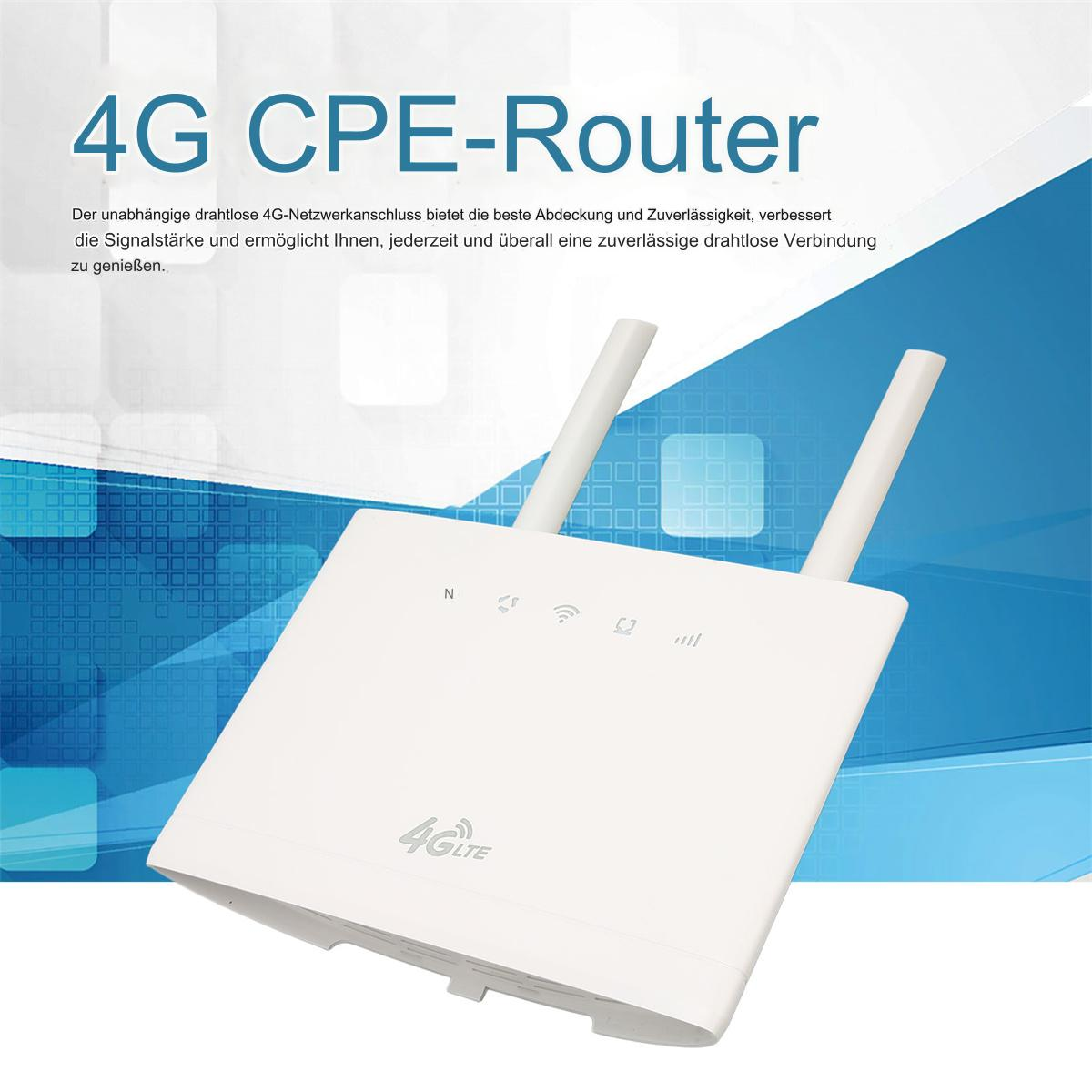 Weißer 4G CPE-Router mit zwei Antennen und Text in mehreren Sprachen vor blauem Farbverlauf.