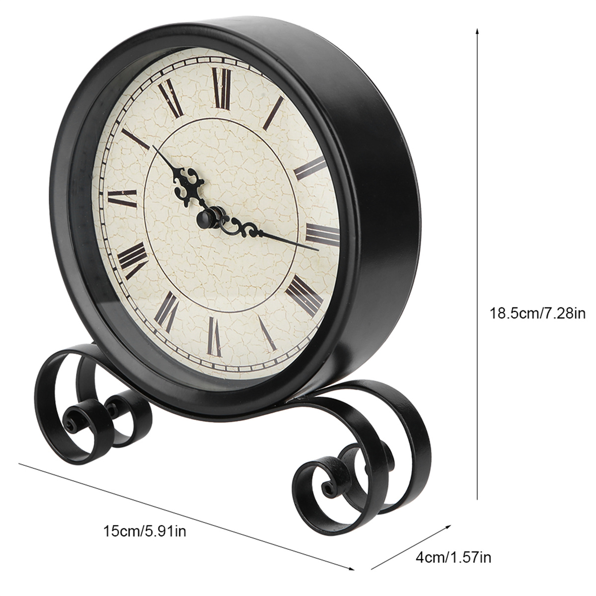 Eine schwarze und silberne Uhr mit römischen Ziffern. Abmessungen sind angegeben. Weißes Zifferblatt mit schwarzen Zeigern.