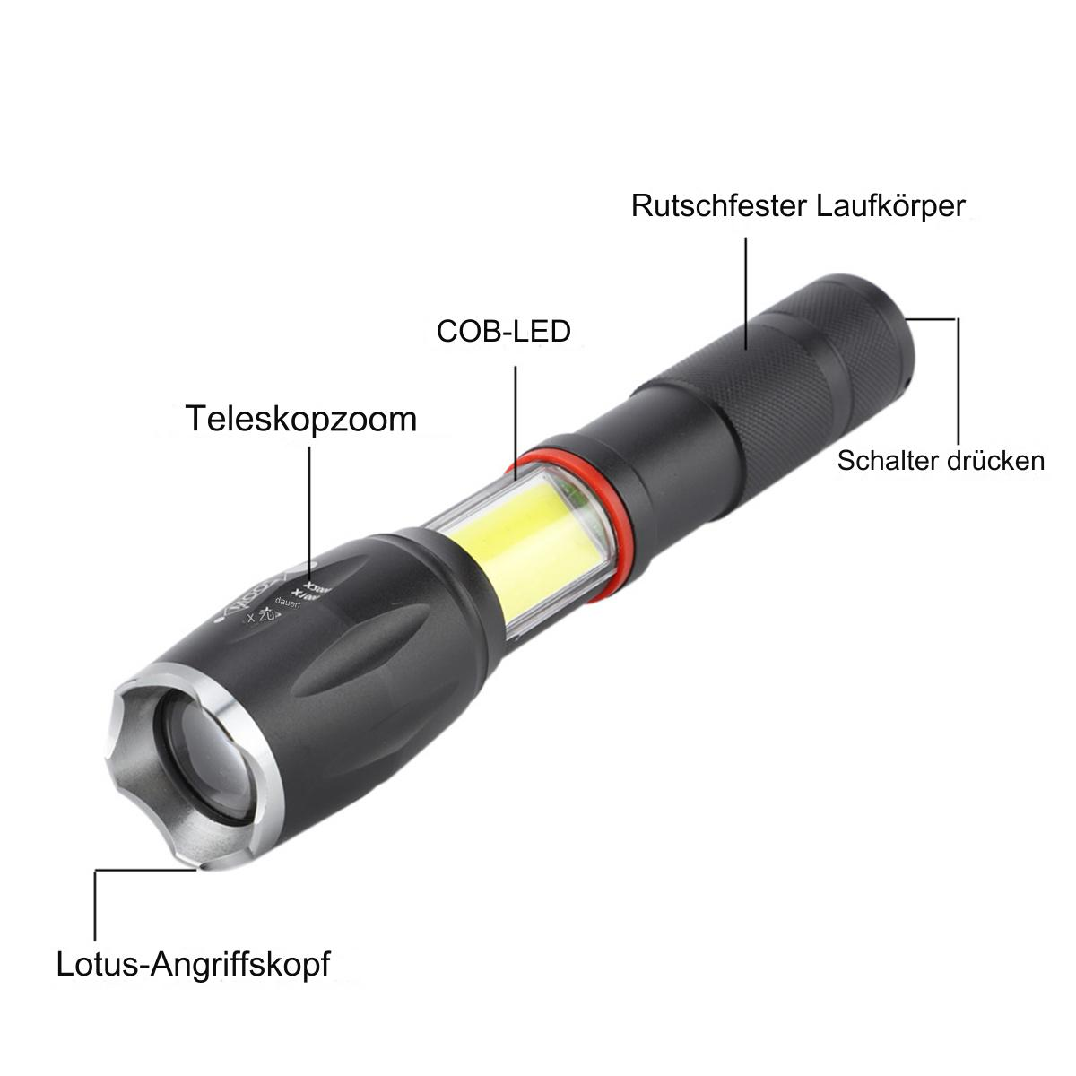 Schwarze Taschenlampe mit Beschriftungen. Hat Zoom und COB-LED. Lotus-Anriffskopf.