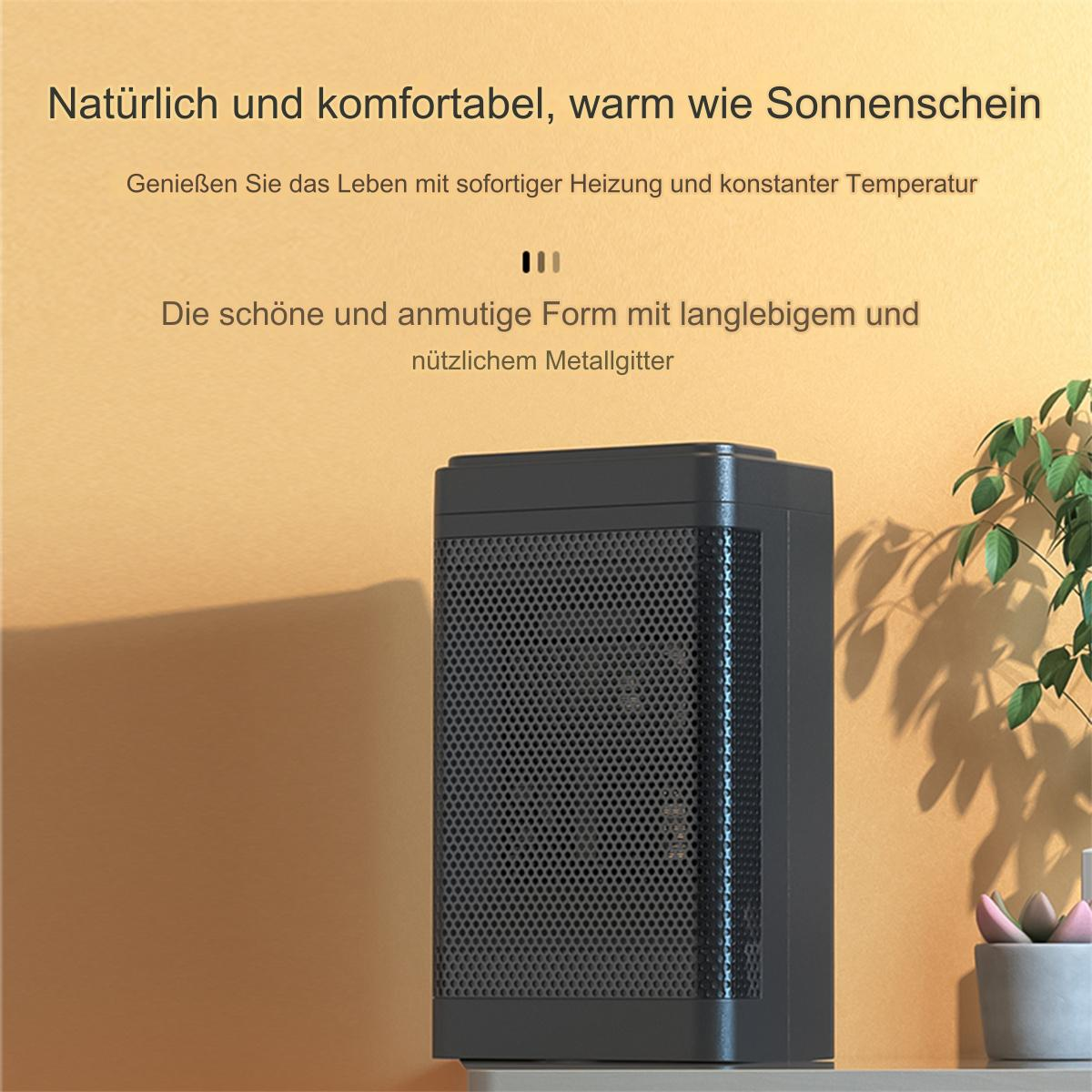 Eine schwarze elektrische Heizung auf einer hellbraunen Oberfläche. Der Heizkörper hat eine Gitterfront.