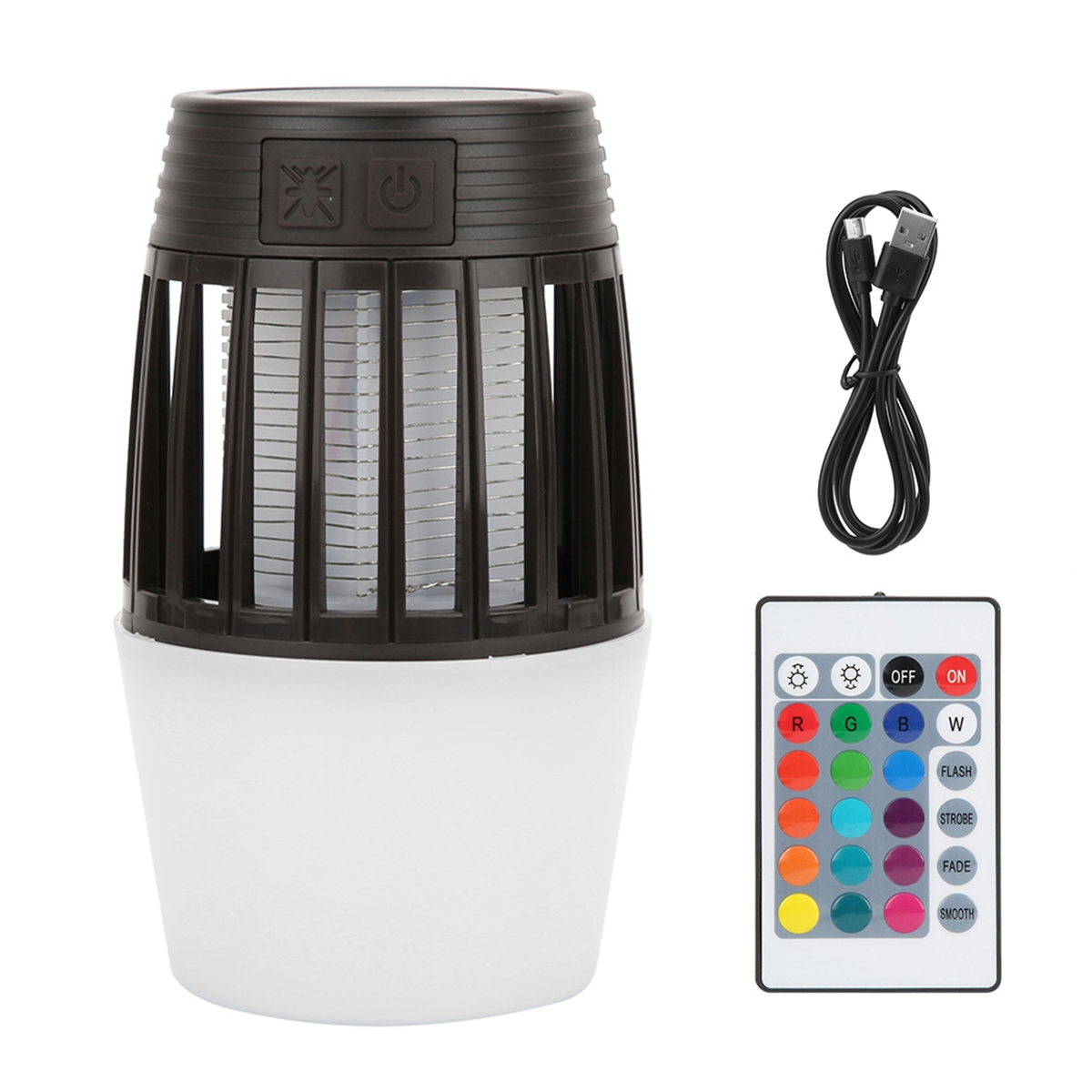 Schwarz-weißer Mückenzapper mit Fernbedienung. USB-Kabel und Fernbedienung.