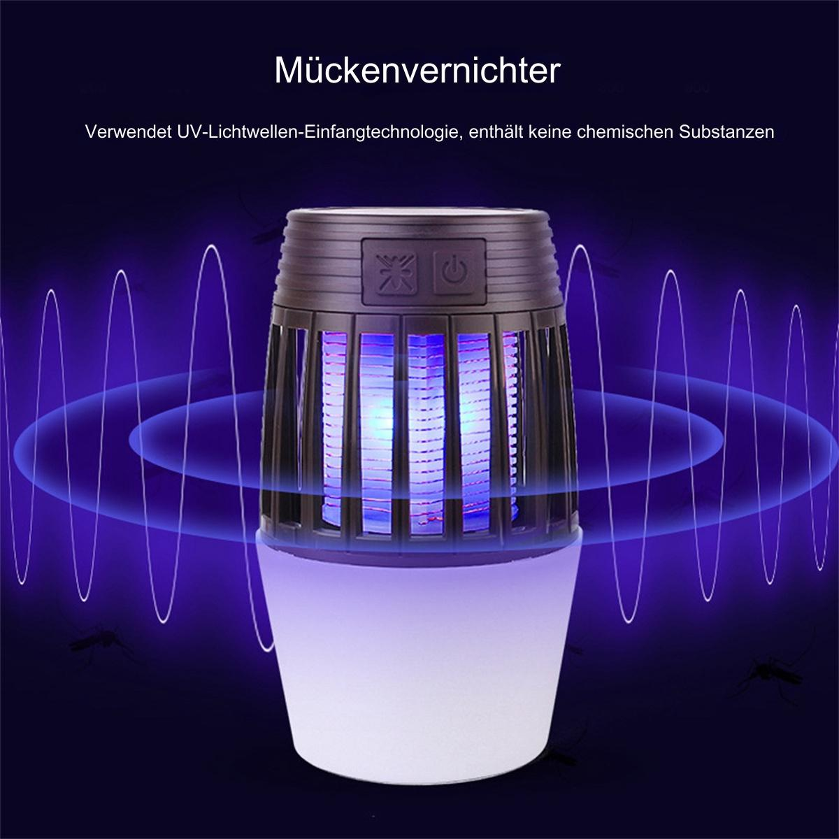 Insektenvernichter mit blauem Licht. Das Gerät ist schwarz und weiß, mit Aura.