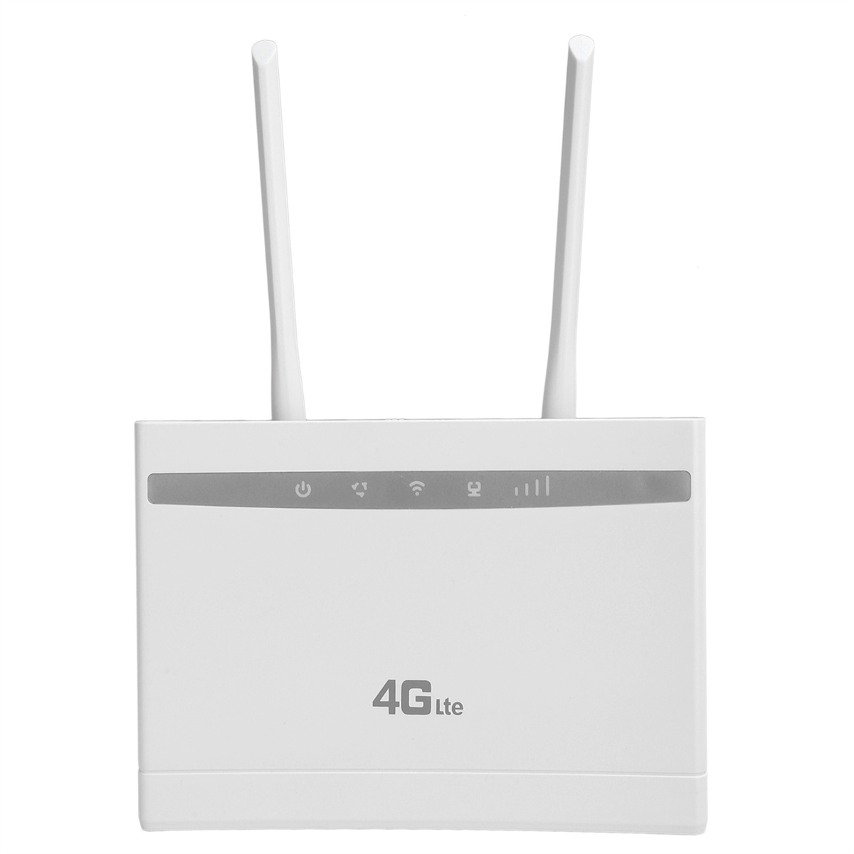 Weißer 4G LTE Router mit zwei Antennen. Der Router hat Kontrollleuchten und einen Power-Knopf.