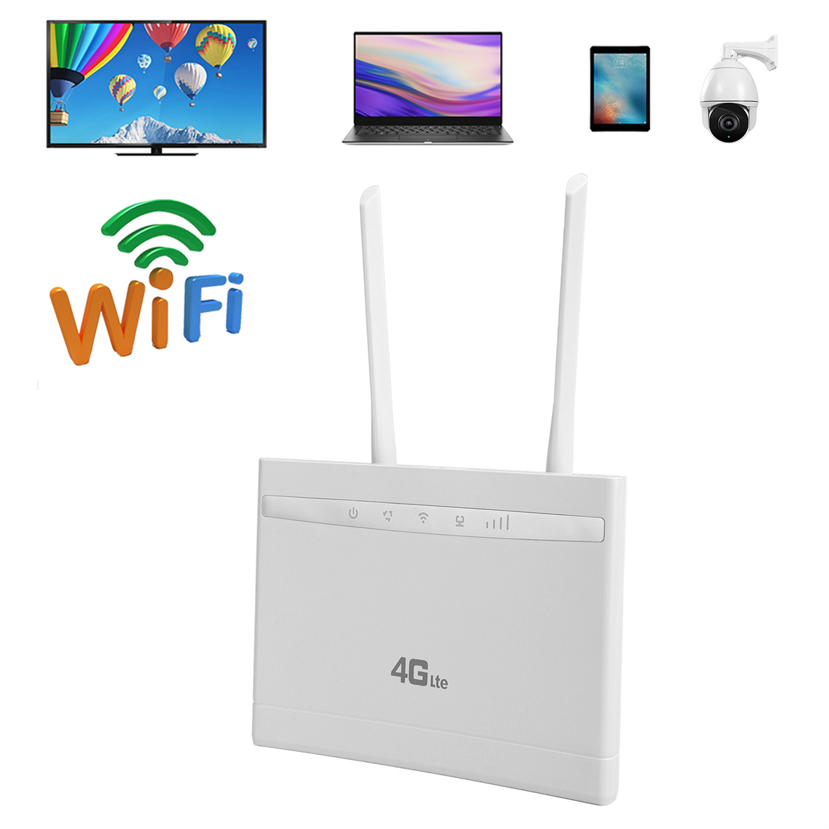 Weißer WLAN-Router mit Antennen und angeschlossenen Geräten: Fernseher, Laptop, Tablet und Überwachungskamera. WLAN-Symbol vorne.