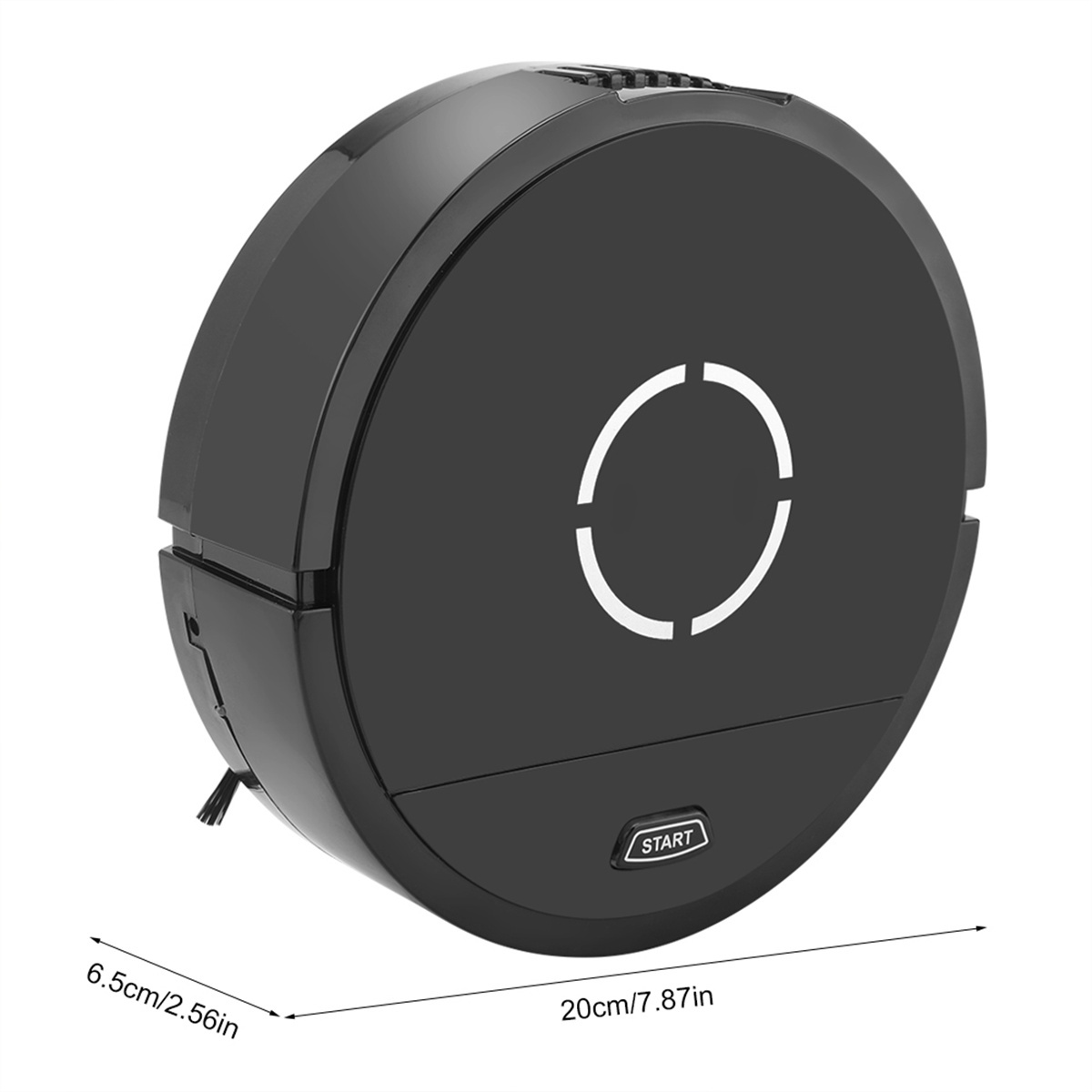Schwarzer runder Roboter-Staubsauger mit Start-Taste auf weißem Hintergrund und Abmessungen.