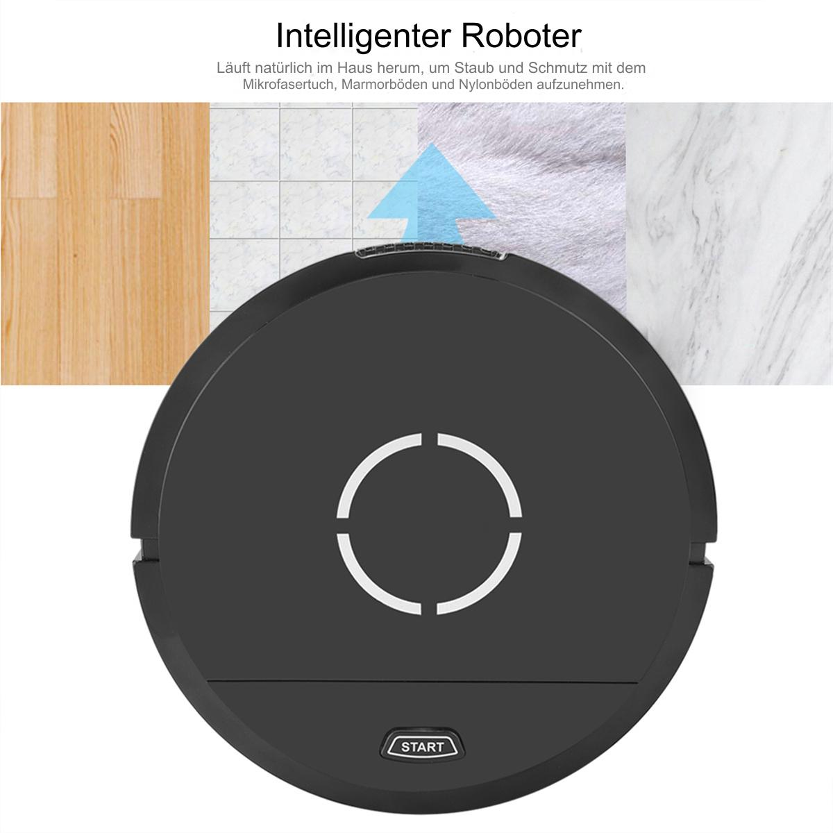 Ein schwarzer Roboter-Staubsauger mit drei verschiedenen Bodenbelägen im Hintergrund.