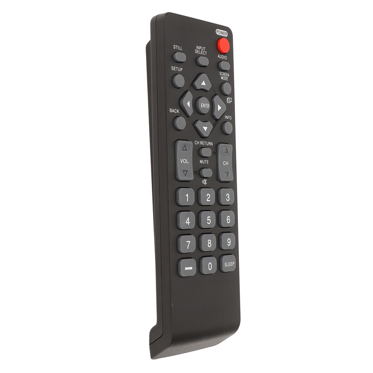 Eine schwarze TV-Fernbedienung mit vielen Knöpfen, vor weißem Hintergrund.