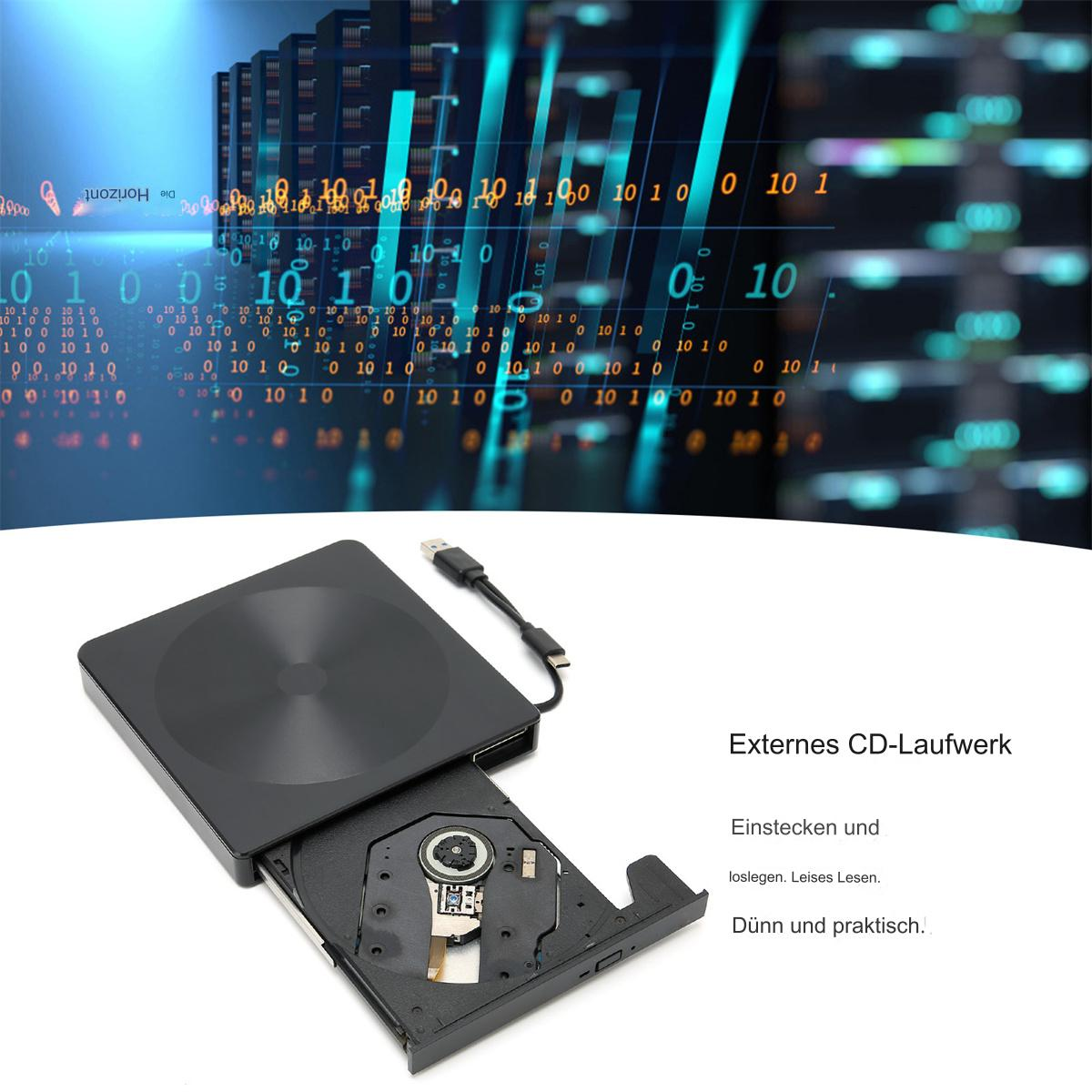 Schwarzes CD-Laufwerk mit CD, USB-Kabel. Text in Deutsch: CD-Laufwerk, einsetzen, lesen, dünn.
