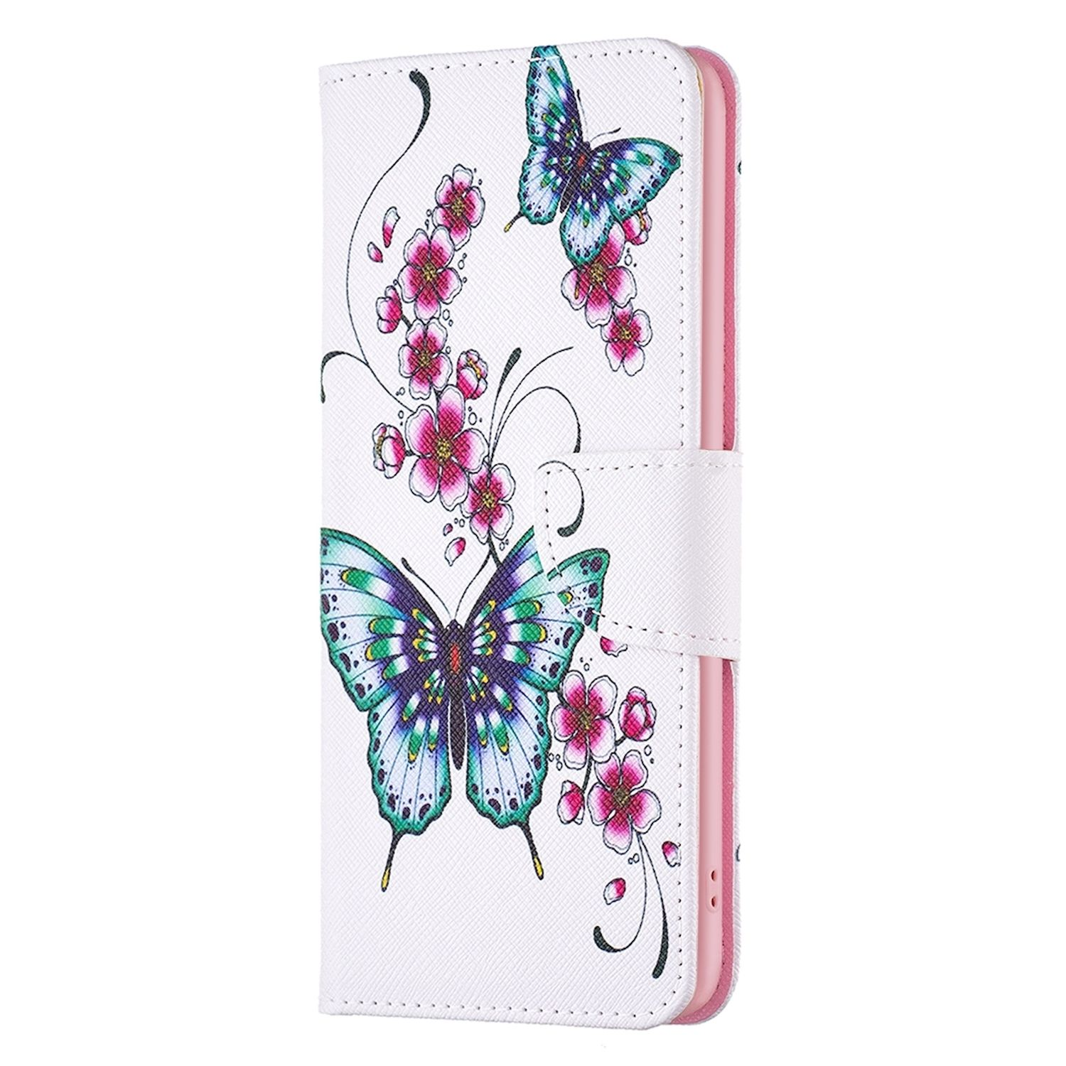 Funda de teléfono blanca con diseño de mariposas y flores.