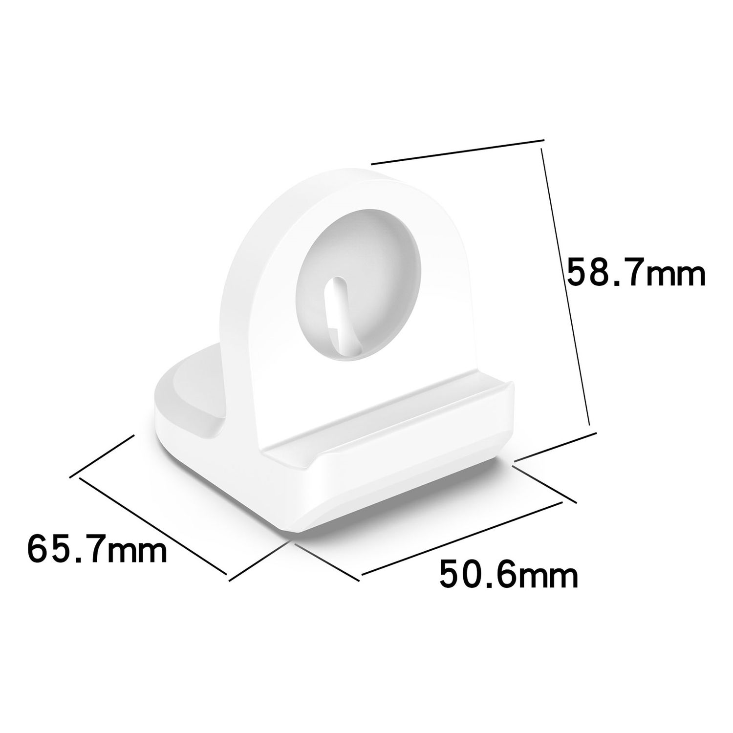 Weißer Uhren-Ladeständer. Er hat die Maße: 65,7 mm x 50,6 mm x 58,7 mm.