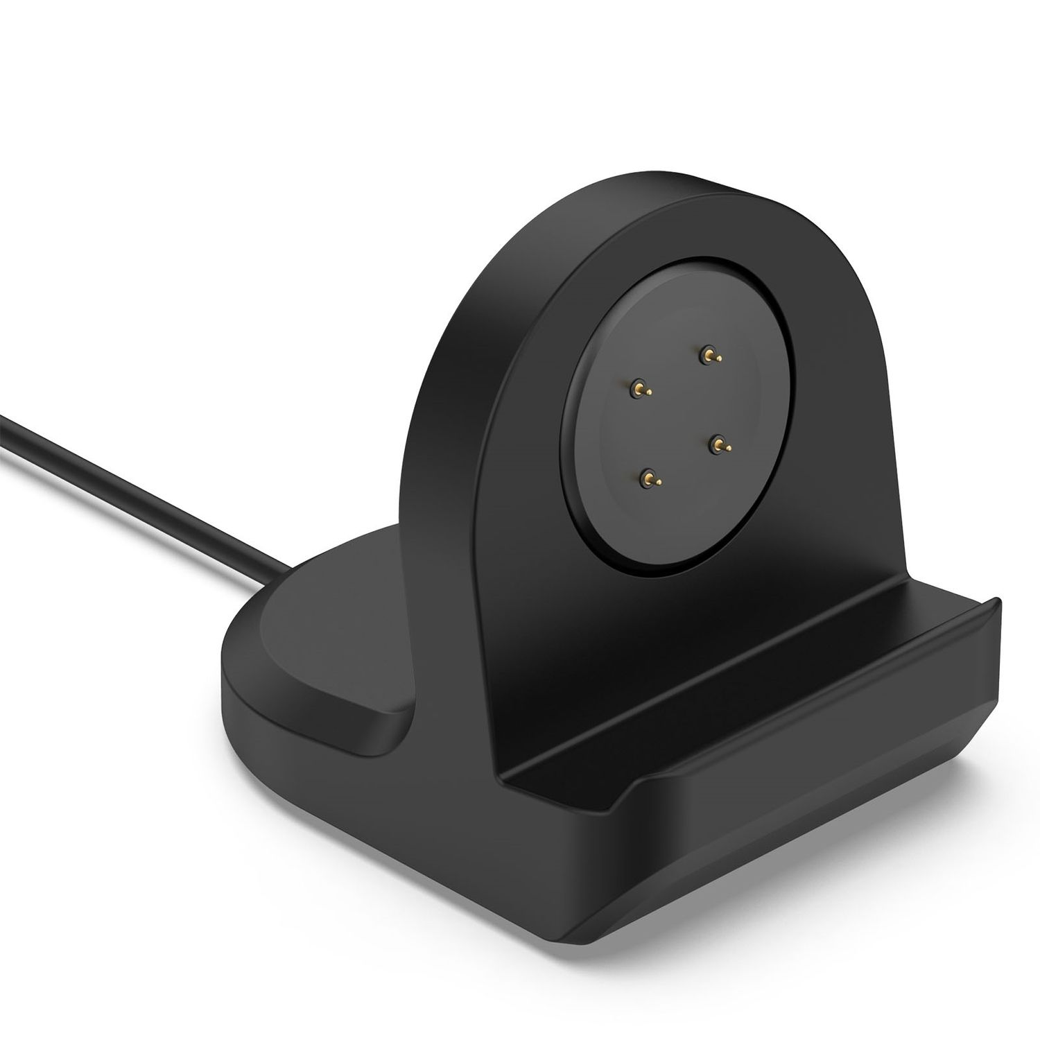 Schwarze Smartwatch-Ladestation mit 4 Goldstiften und einem schwarzen Kabel.