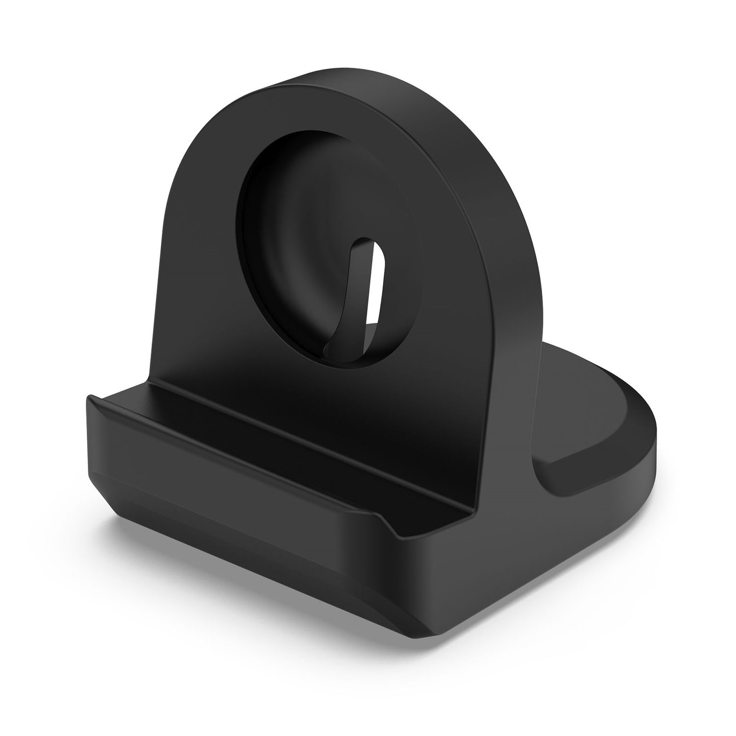 Schwarze Apple Watch Ladestation. Einfaches, geschwungenes, minimalistisches Design.