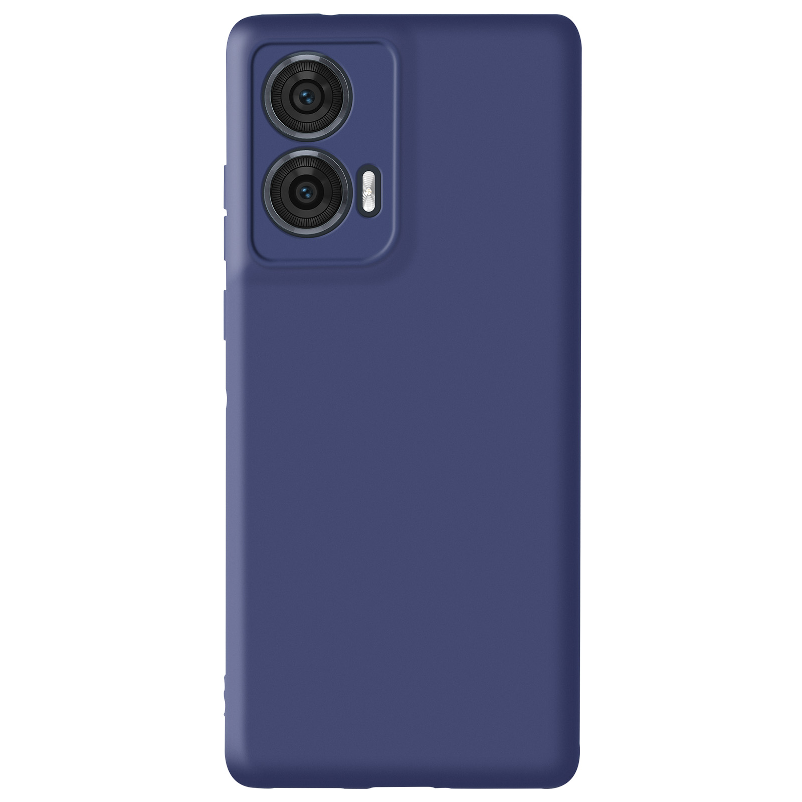 Smartphone con configurazione a doppia fotocamera sul retro, in una custodia blu scuro.