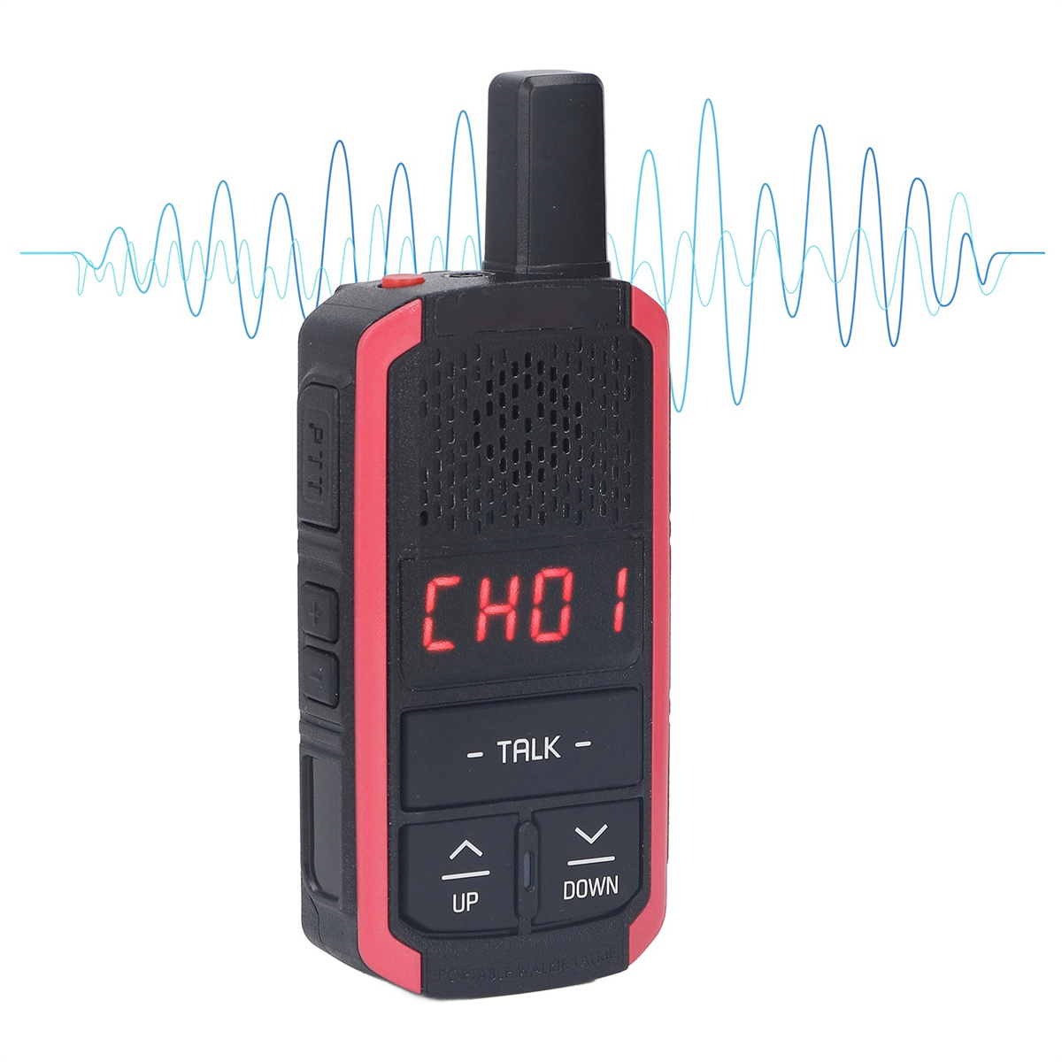 Ein schwarz-rotes Walkie-Talkie mit einem Bildschirm, der 'CHO 1' anzeigt, und Tasten. Wellen sind im Hintergrund.