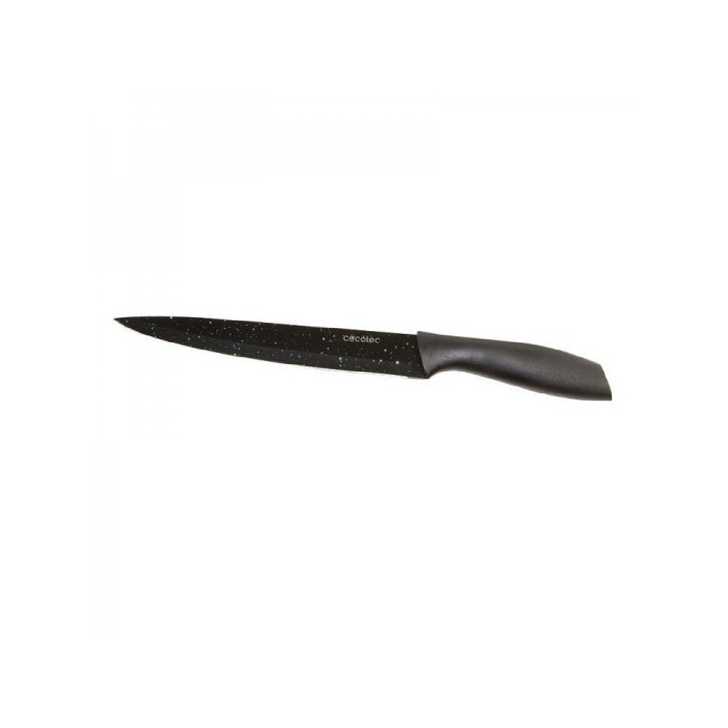 Cuchillo de cocina negro con hoja moteada y mango negro. Aislado sobre fondo blanco.