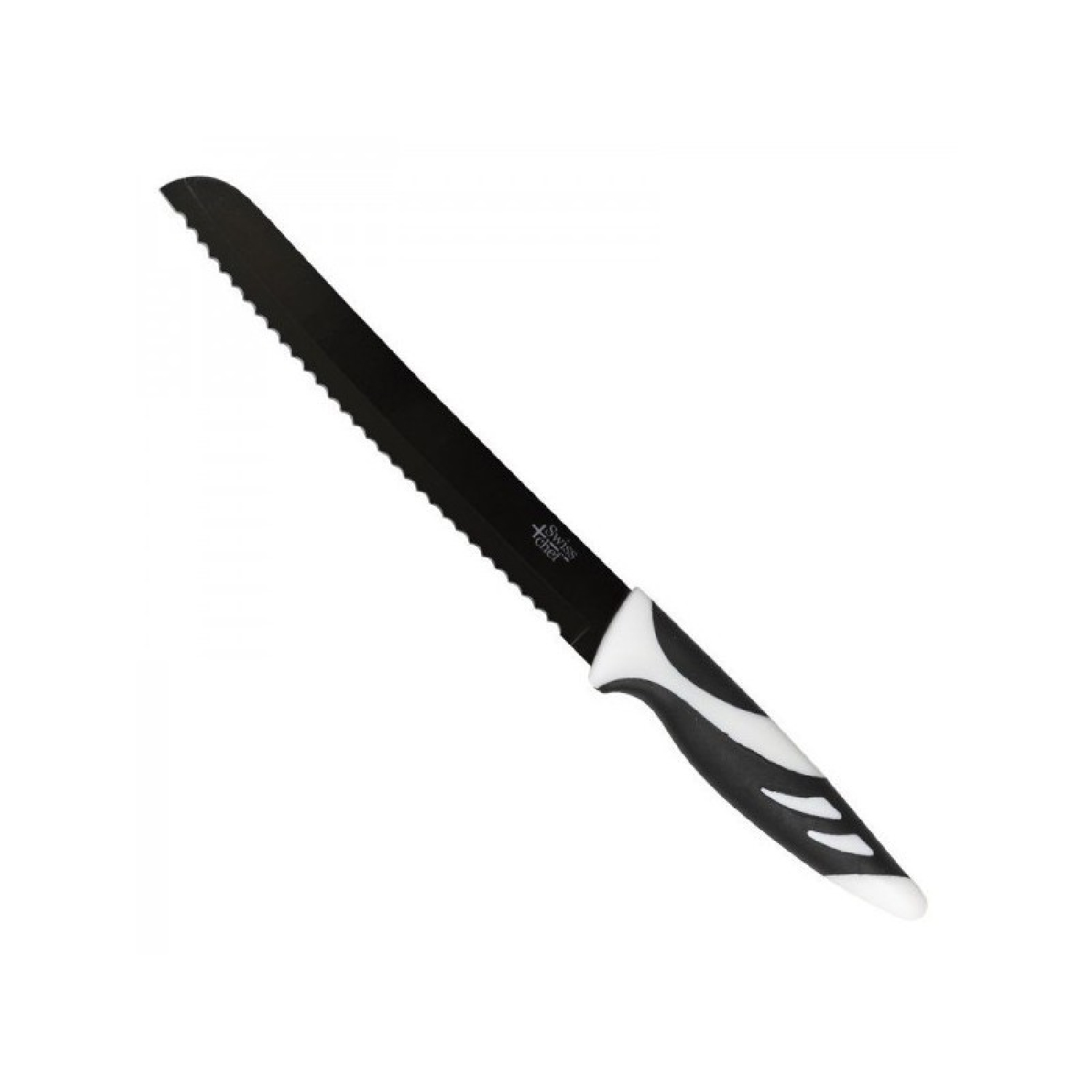 Un cuchillo de pan negro con mango blanco y negro, sobre un fondo blanco.