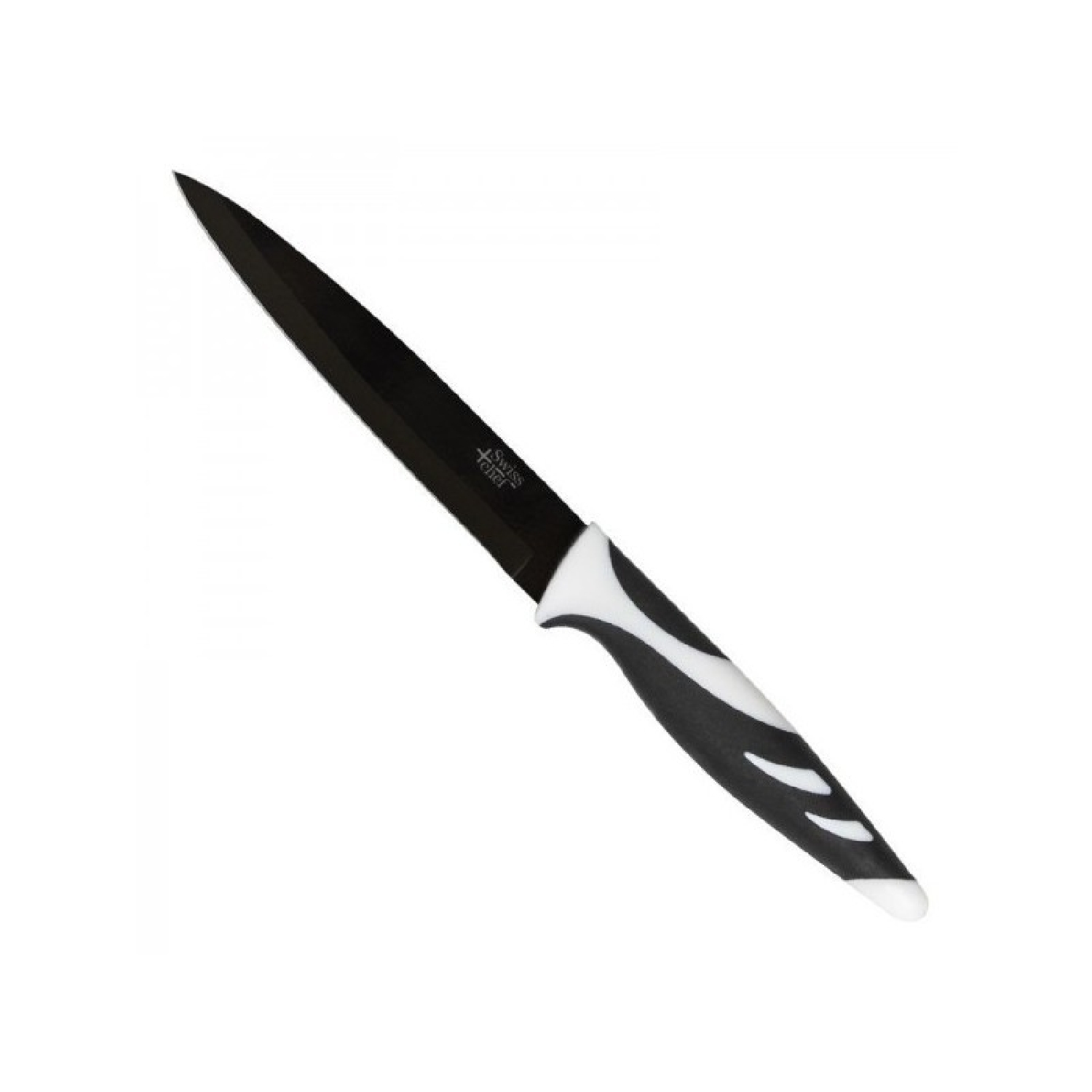 Un cuchillo de cocina blanco y negro. La hoja es negra, el mango blanco con detalles negros.