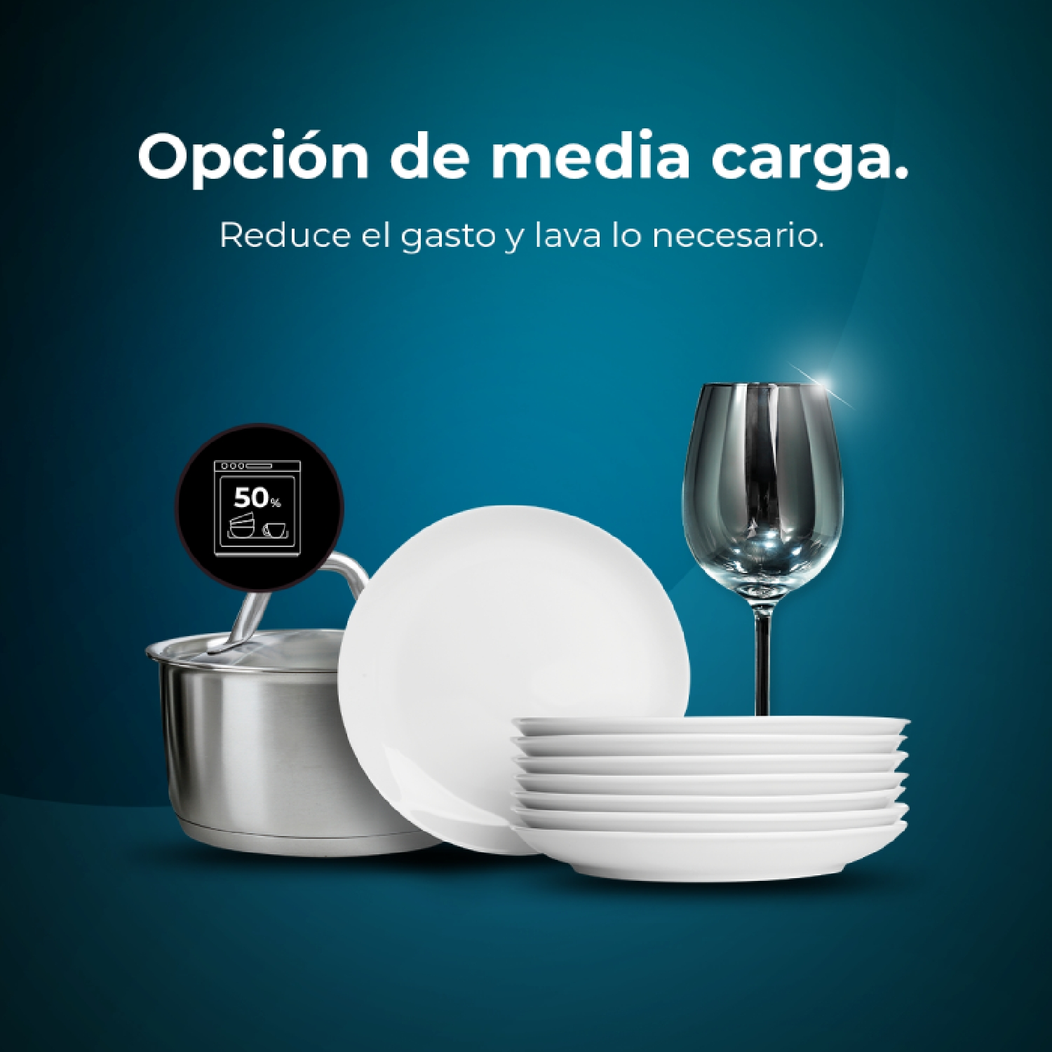 Wizualizacja przedstawiająca zmywarkę z opcją połowy wsadu, w tym talerze i szklankę.