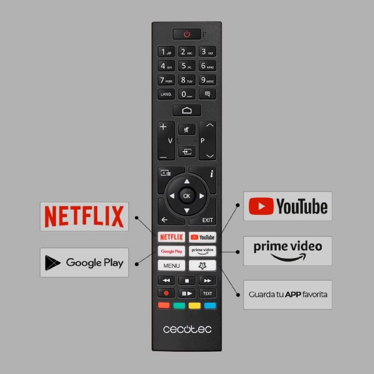 Un control remoto con botones para Netflix, YouTube, Google Play y Prime Video.