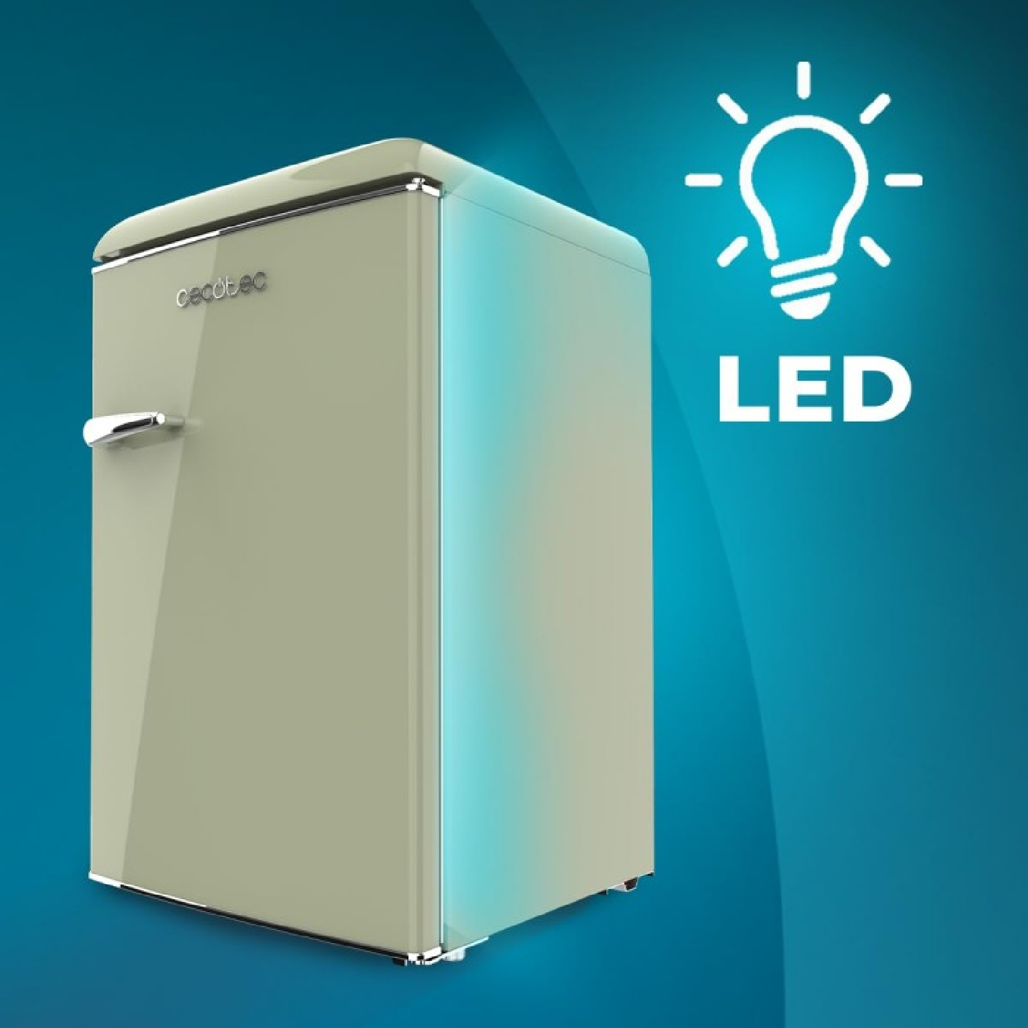 Ein Mini-Kühlschrank im Retro-Stil in Beige mit silbernem Griff. Ein LED-Glühbirnen-Symbol daneben.
