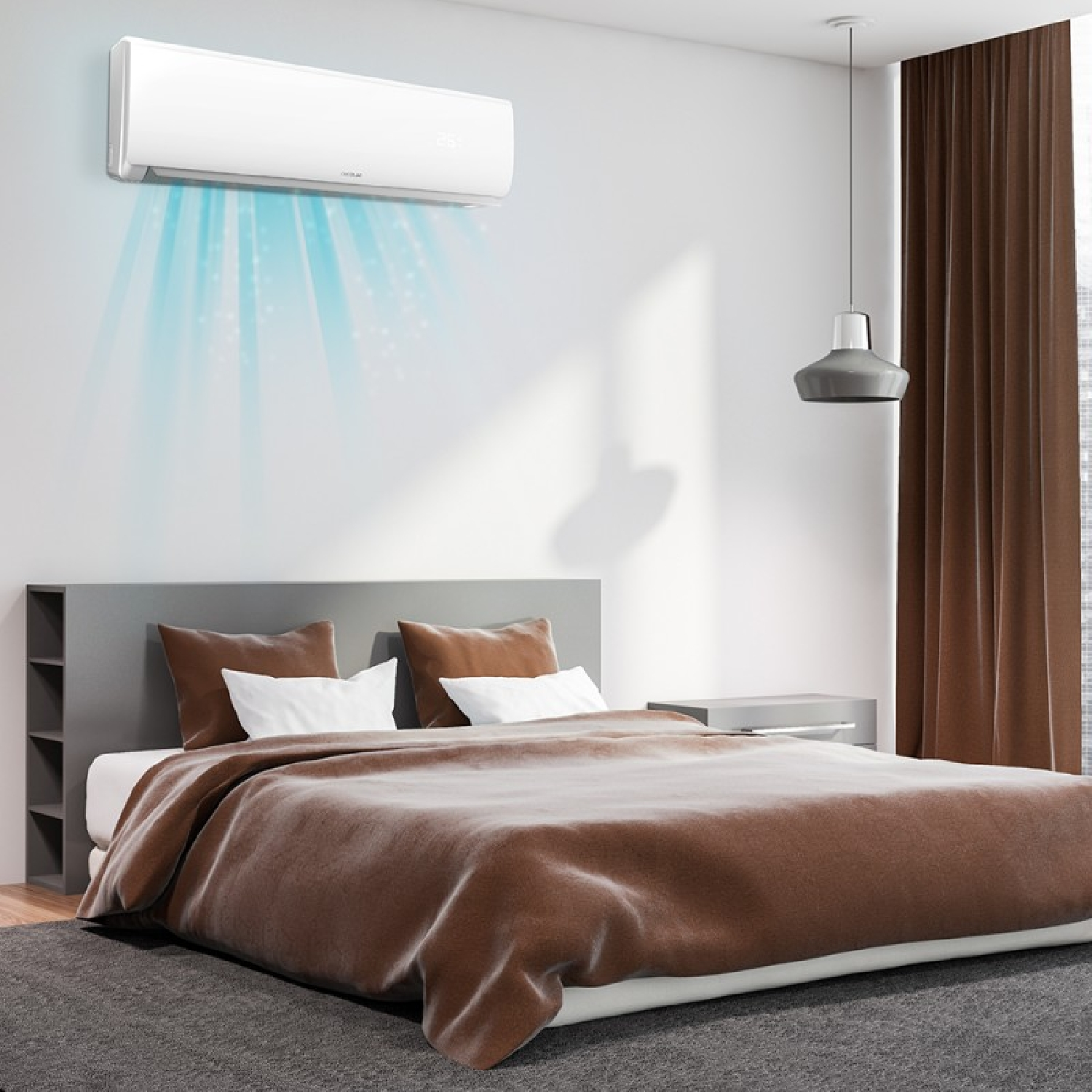 Un condizionatore bianco su un muro, con flussi d'aria blu sopra un letto.