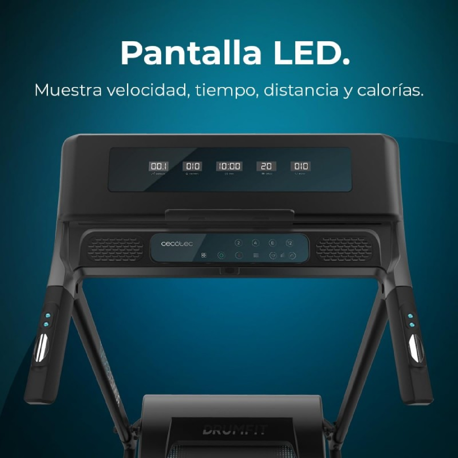 Pannello di controllo del tapis roulant, nero con accenti blu, mostra tempo, velocità, distanza e calorie.