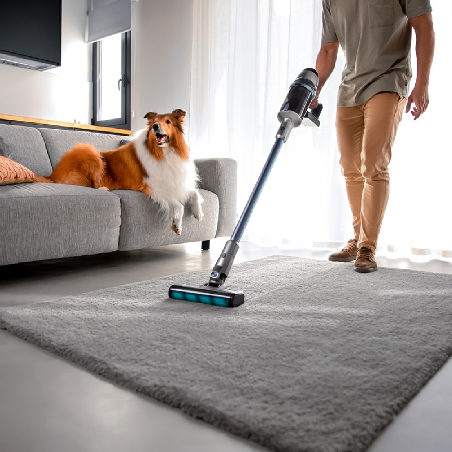 Un uomo aspira un tappeto grigio. Un cane è sdraiato su un divano.