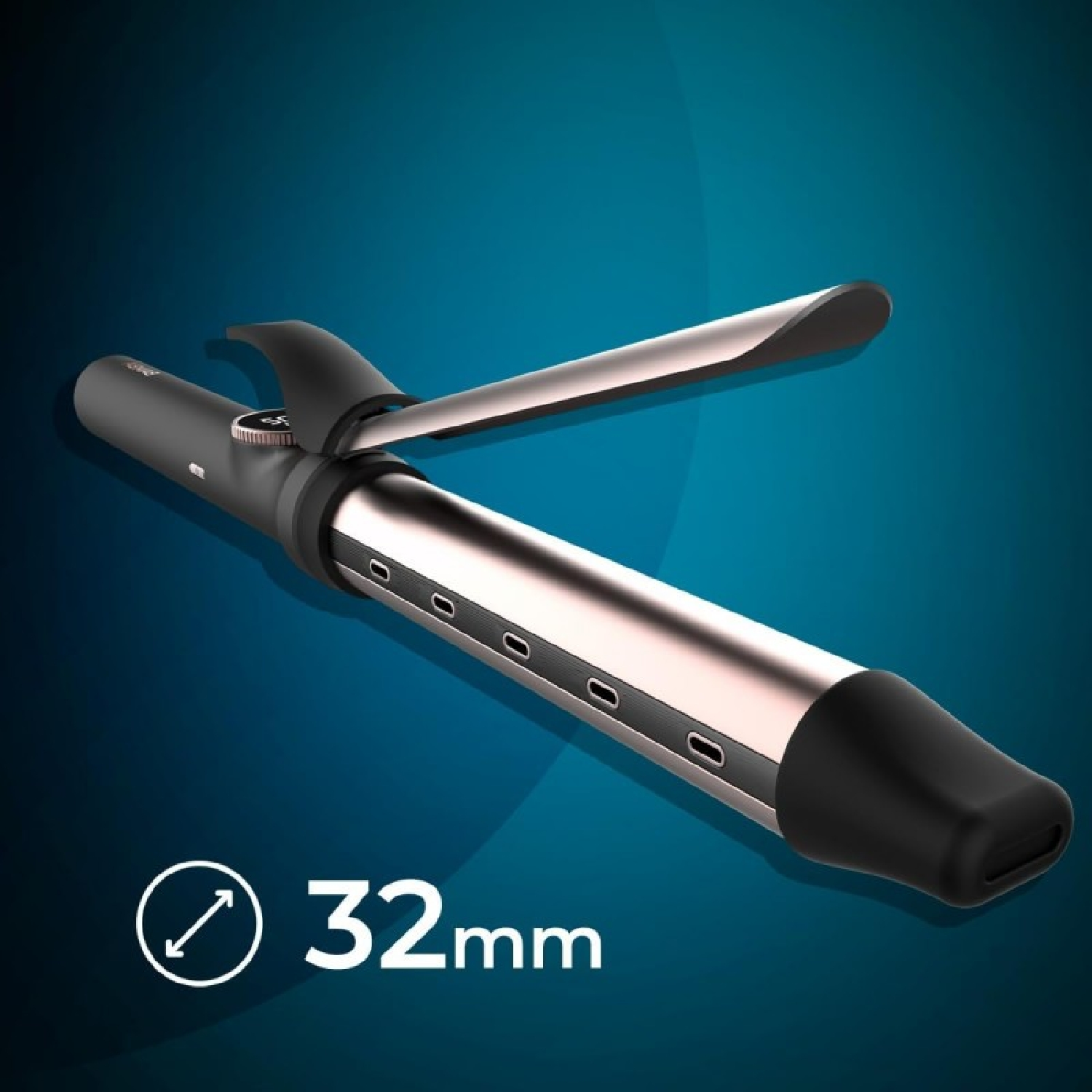 Un arricciacapelli nero e argento con diametro 32 mm su sfondo blu.