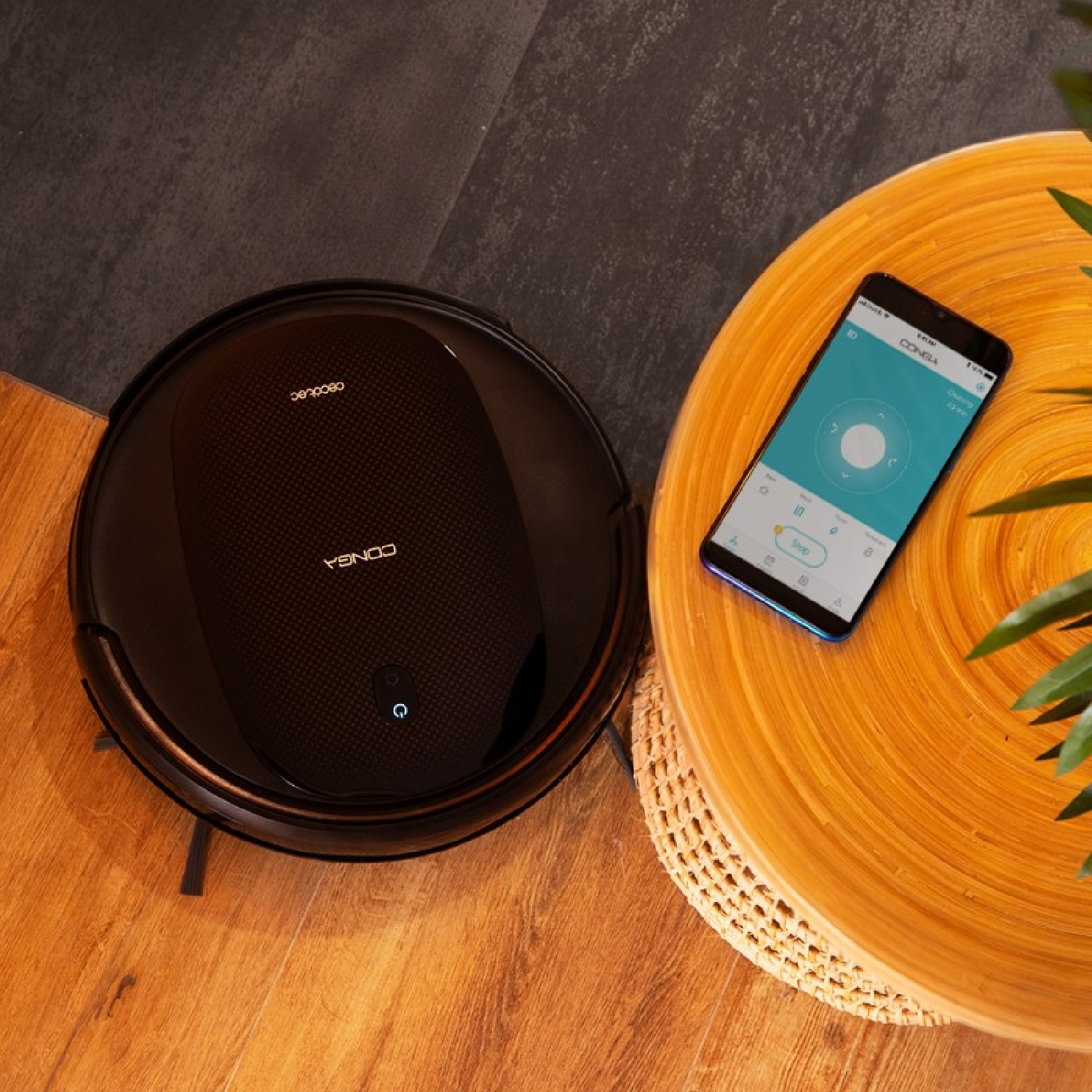 Una aspiradora robot negra y un teléfono en una mesa de madera están uno al lado del otro. El teléfono muestra una interfaz de aplicación.