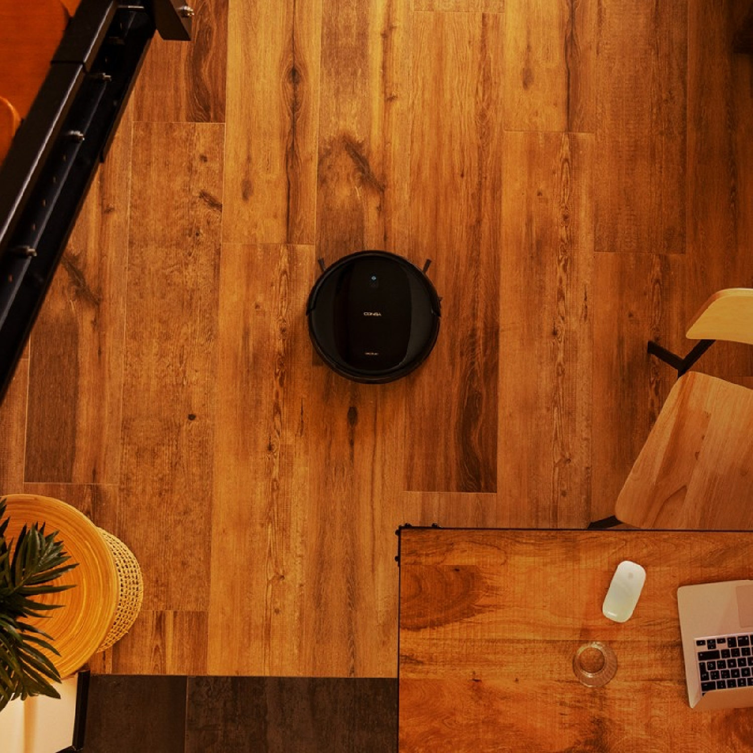 Robot aspirador negro en suelo de madera. Mesa con portátil, ratón y planta.