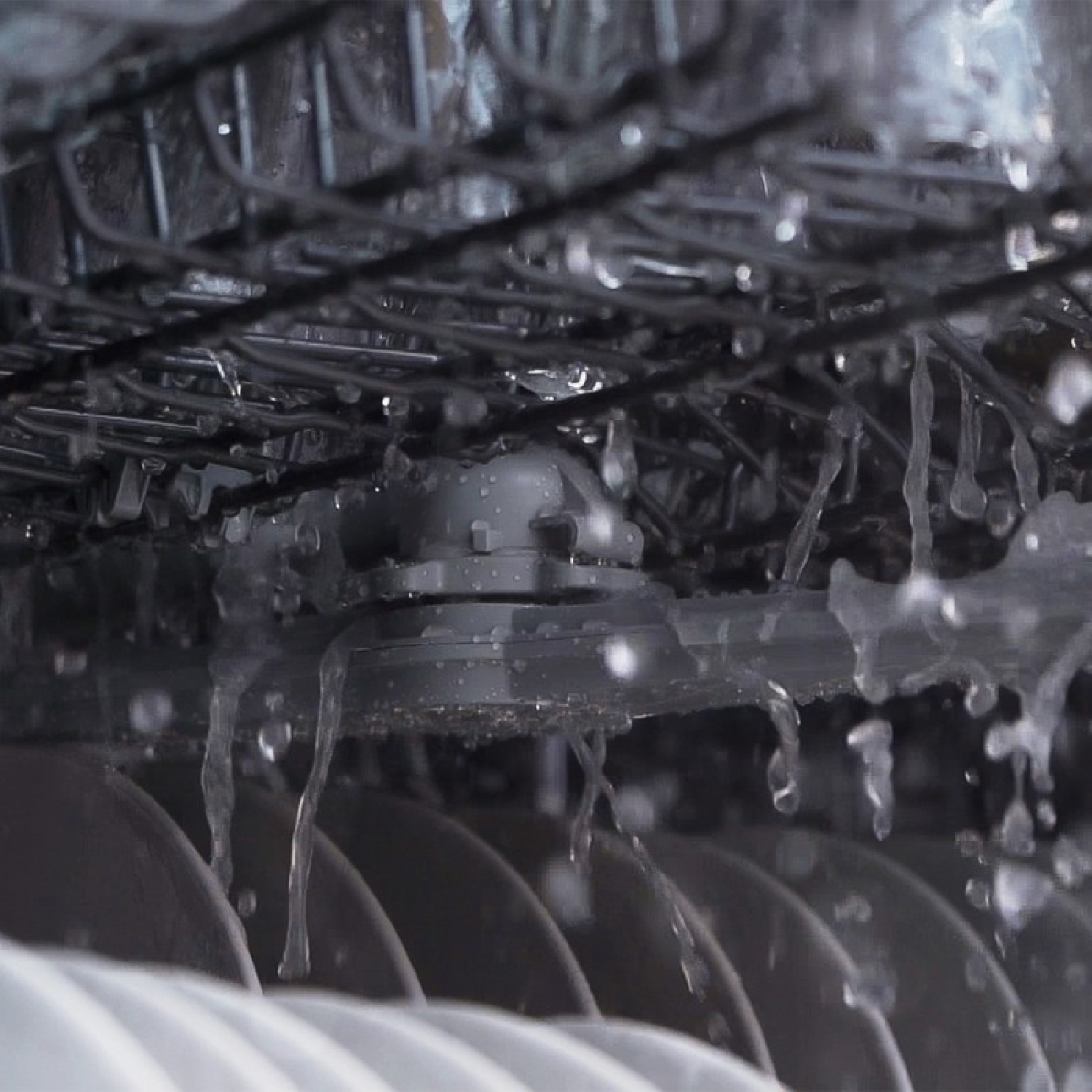 Acqua che spruzza dalla parte superiore di una lavastoviglie sui piatti sottostanti.