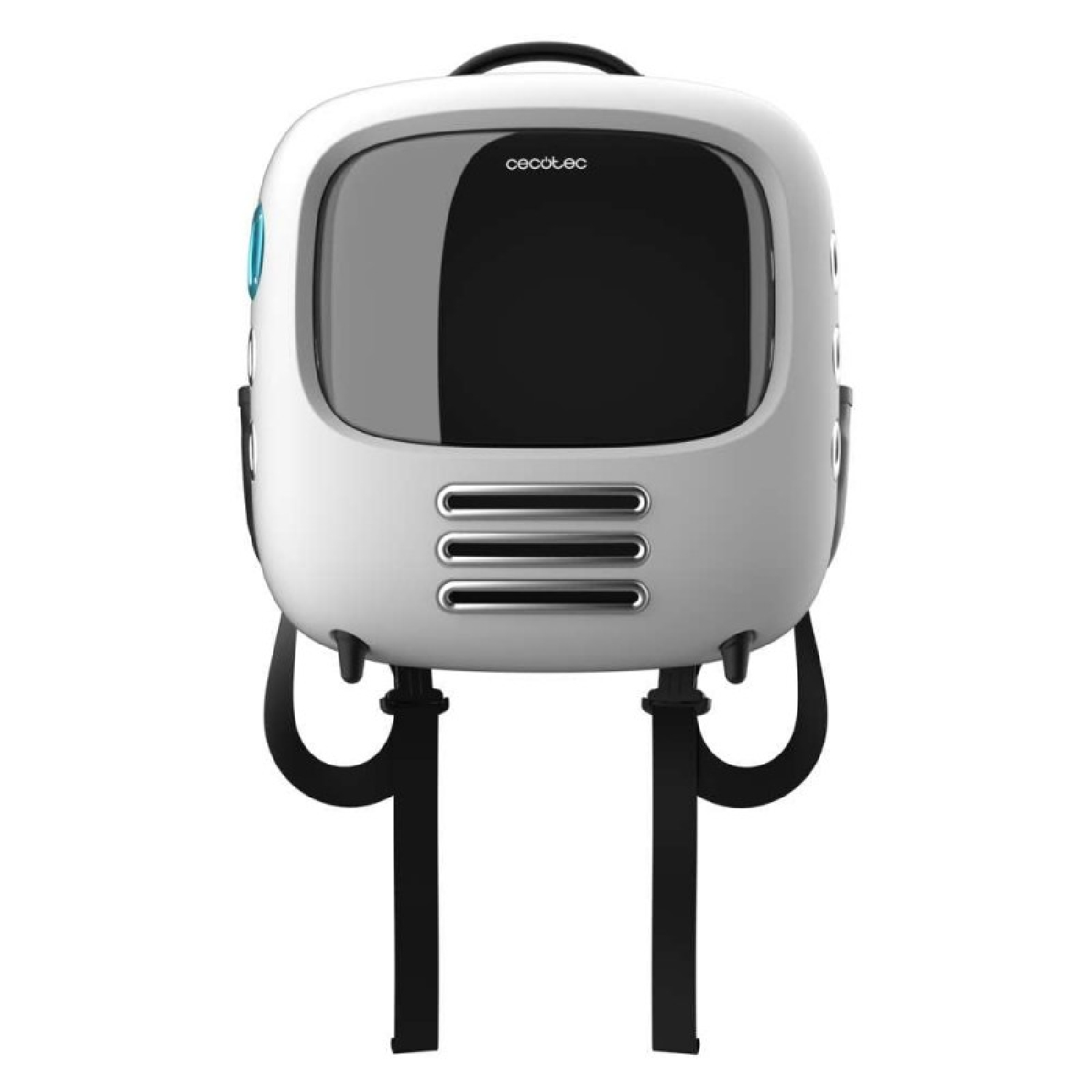 Biały plecak z czarnym ekranem, czarnymi paskami i uchwytem. Wygląda jak telewizor retro.