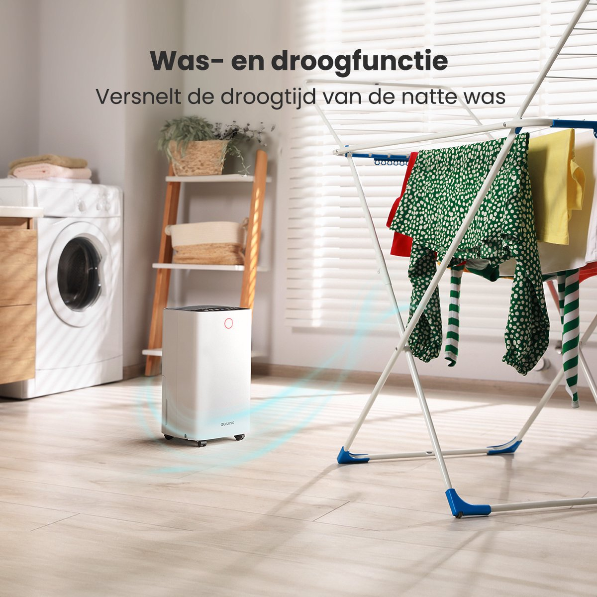 Déshumidificateur avec linge séchant. Texte : Fonction lavage et séchage.