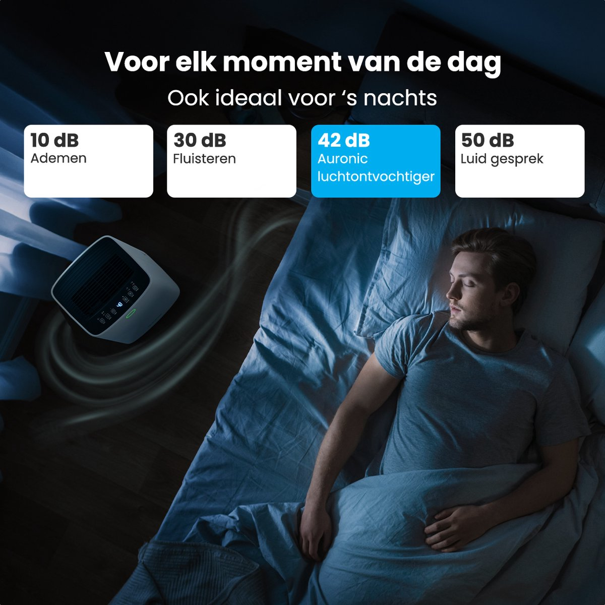 Homme dormant dans son lit. Le texte affiche les niveaux de bruit en dB, avec un humidificateur.