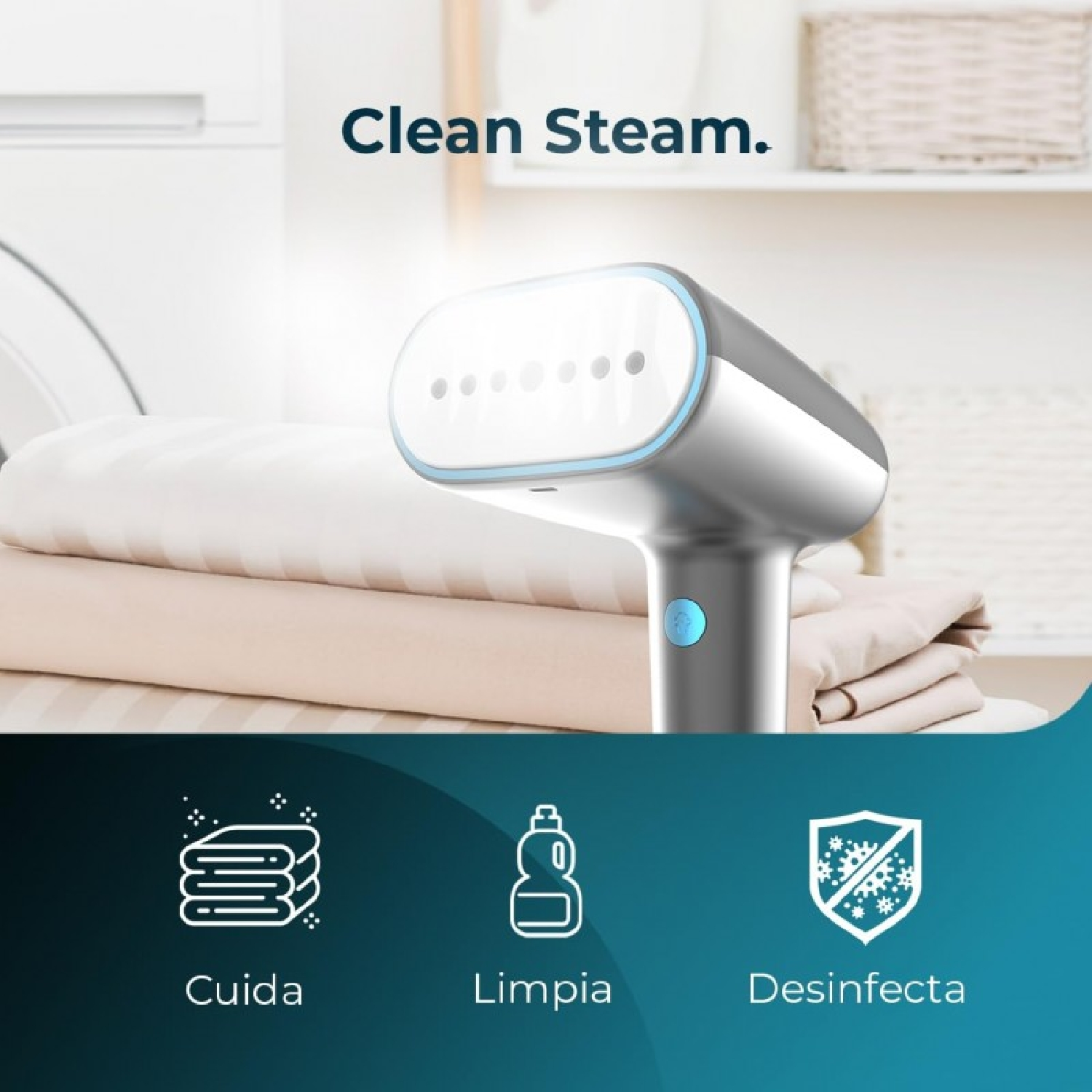 Un vaporizzatore bianco e grigio con icone per la cura, la pulizia e la disinfezione è mostrato.