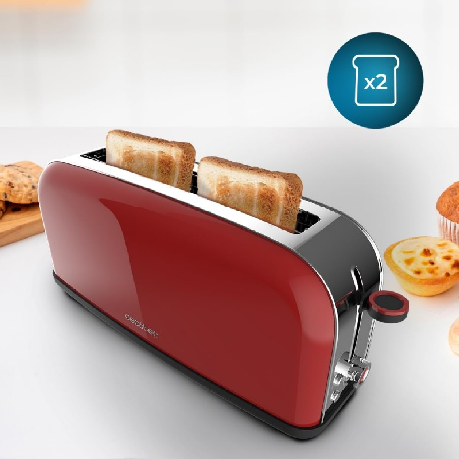 Un tostapane rosso a due fette con due fette di pane tostato e pasticcini sul lato.