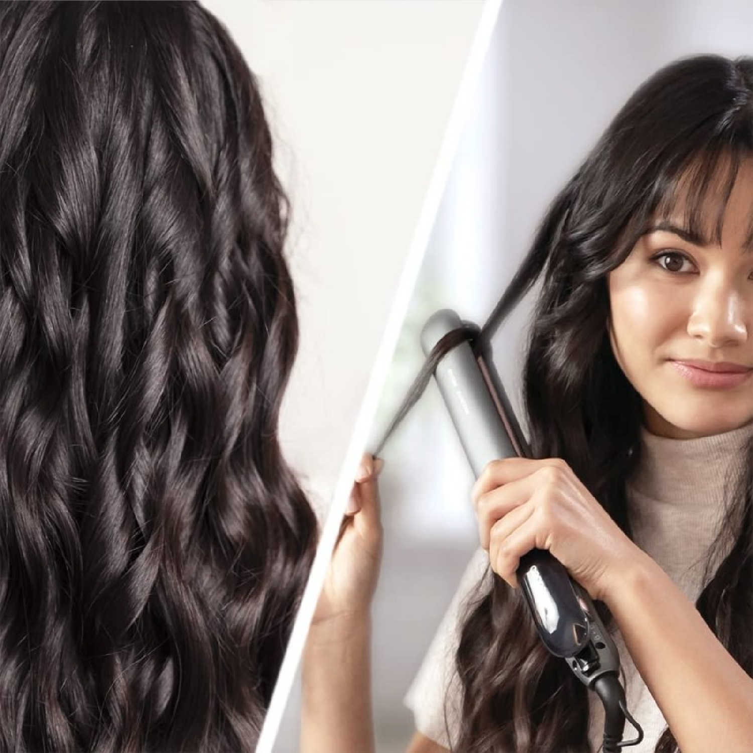 Kobieta kręci włosy lokówką, pokazując gotowe fale i narzędzie.