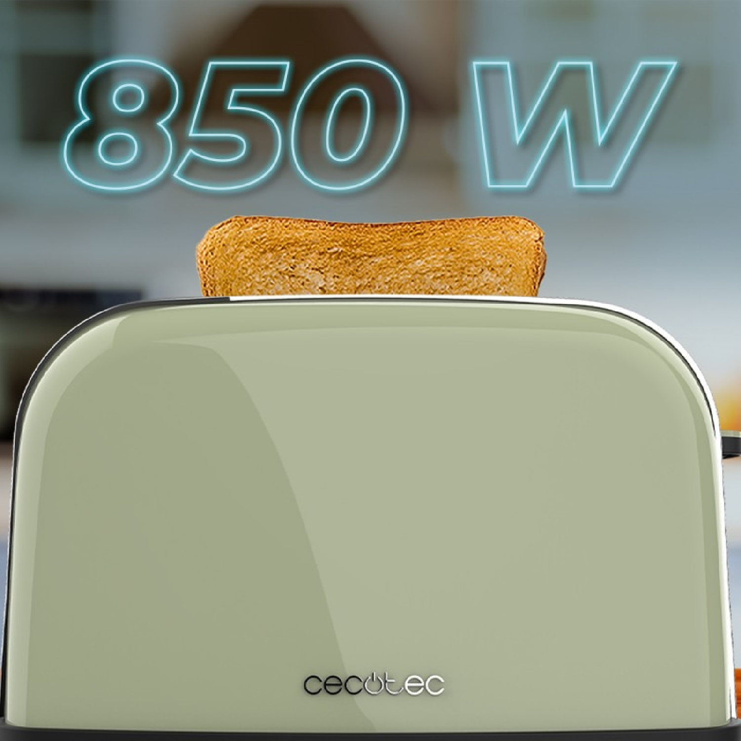 Un tostapane con una fetta di pane tostato che esce. Il testo dice 850W. Il tostapane è verde.