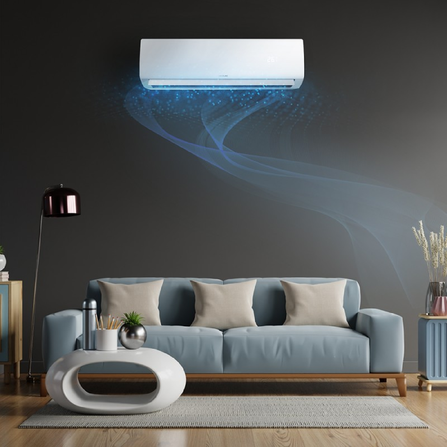 Un aire acondicionado en una pared, con luz azul y un sofá debajo. Elementos decorativos presentes.