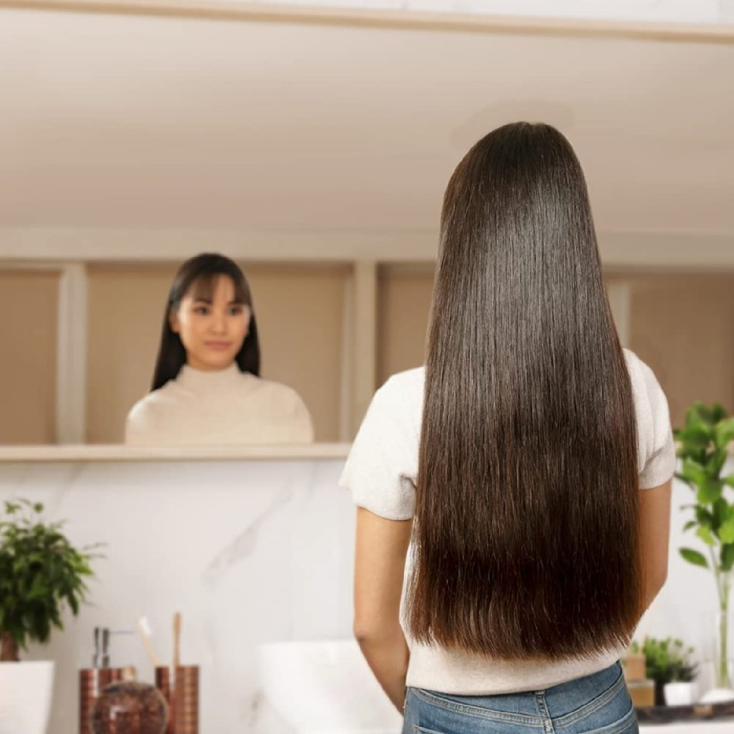 Donna che si guarda allo specchio i suoi lunghi capelli lisci e castano scuro. Ambiente bagno. Pianta e articoli da toeletta visibili.