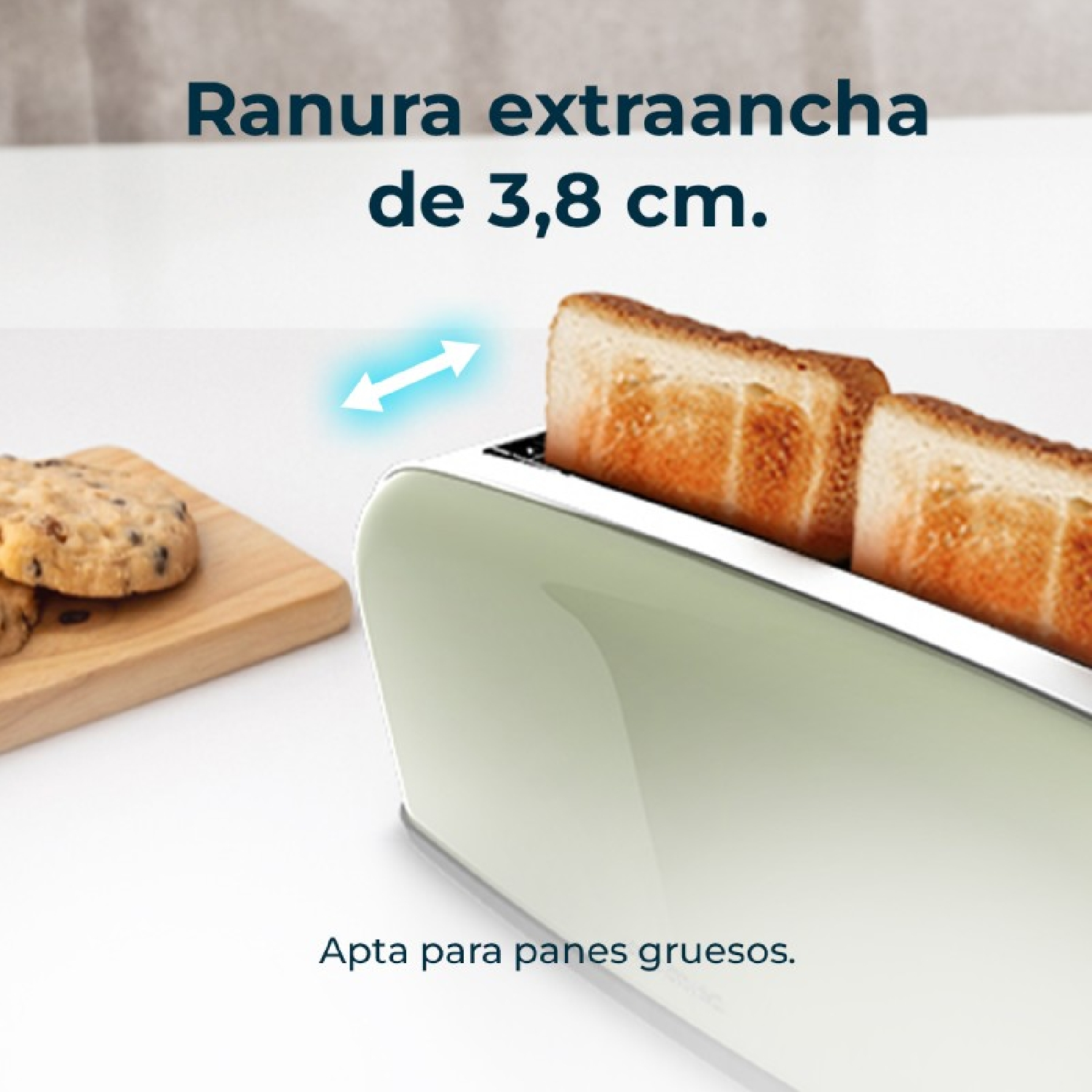 Una tostadora verde con texto que indica que es adecuada para rebanadas de pan gruesas.