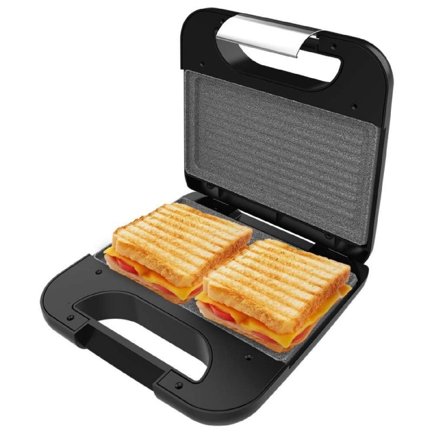 Una macchina per sandwich con due panini all'interno con formaggio fuso e pomodoro su sfondo bianco.