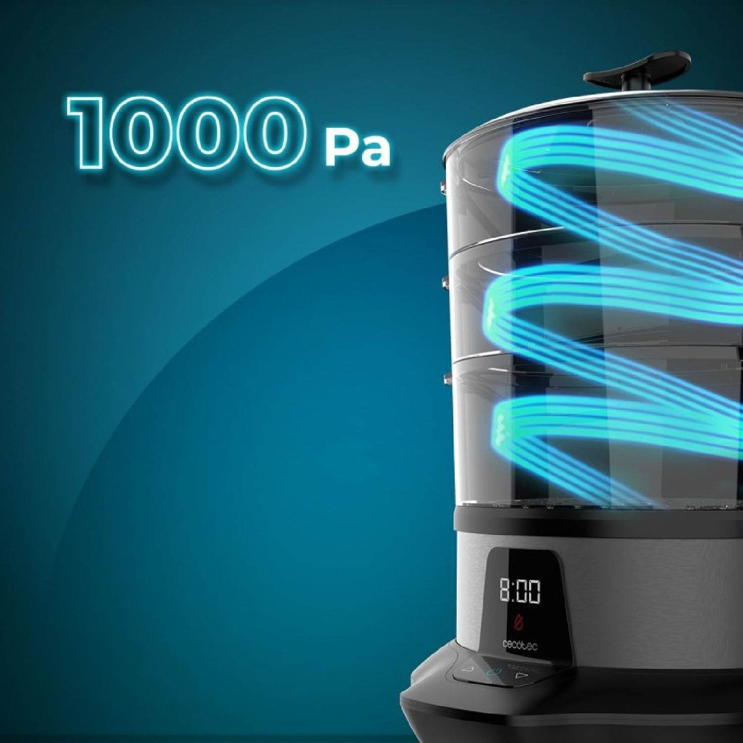 Un vaporizzatore bianco e grigio con un display digitale che mostra le 8:00, con linee blu luminose sopra.