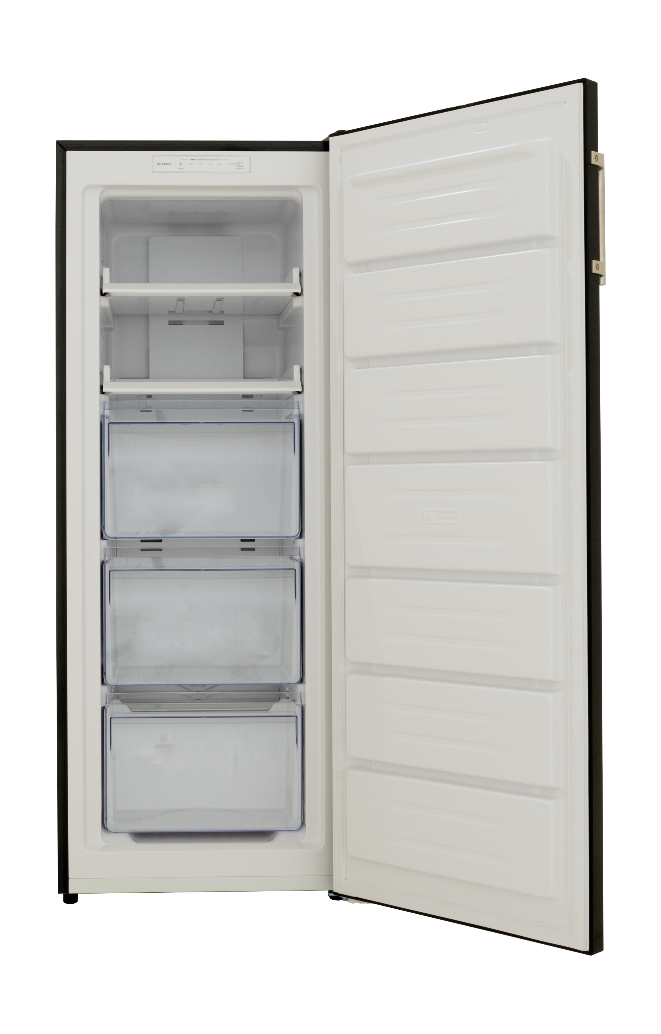 A black fridge with the door open. Inside are white shelves and drawers, filled with food.