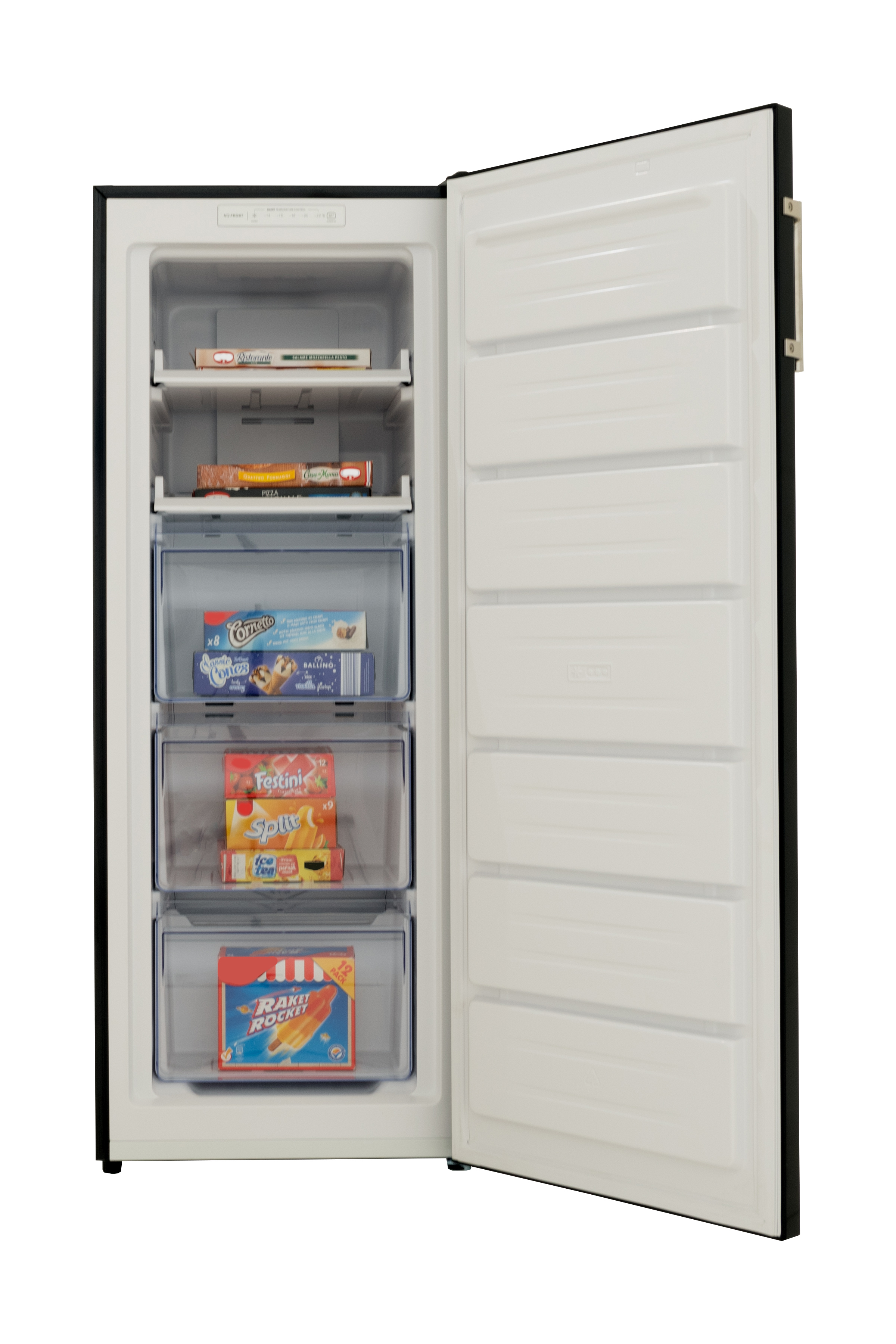 A white refrigerator with an open door. Inside, there are shelves and drawers with frozen food.