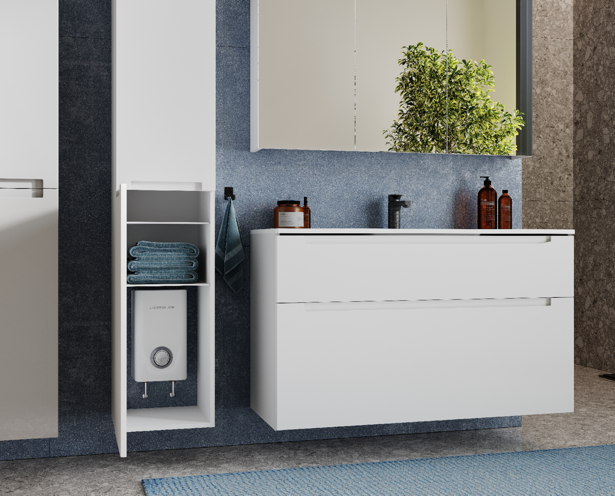 Ein modernes Badezimmer mit weißen Schränken, blauem Mosaik und Steinwänden.