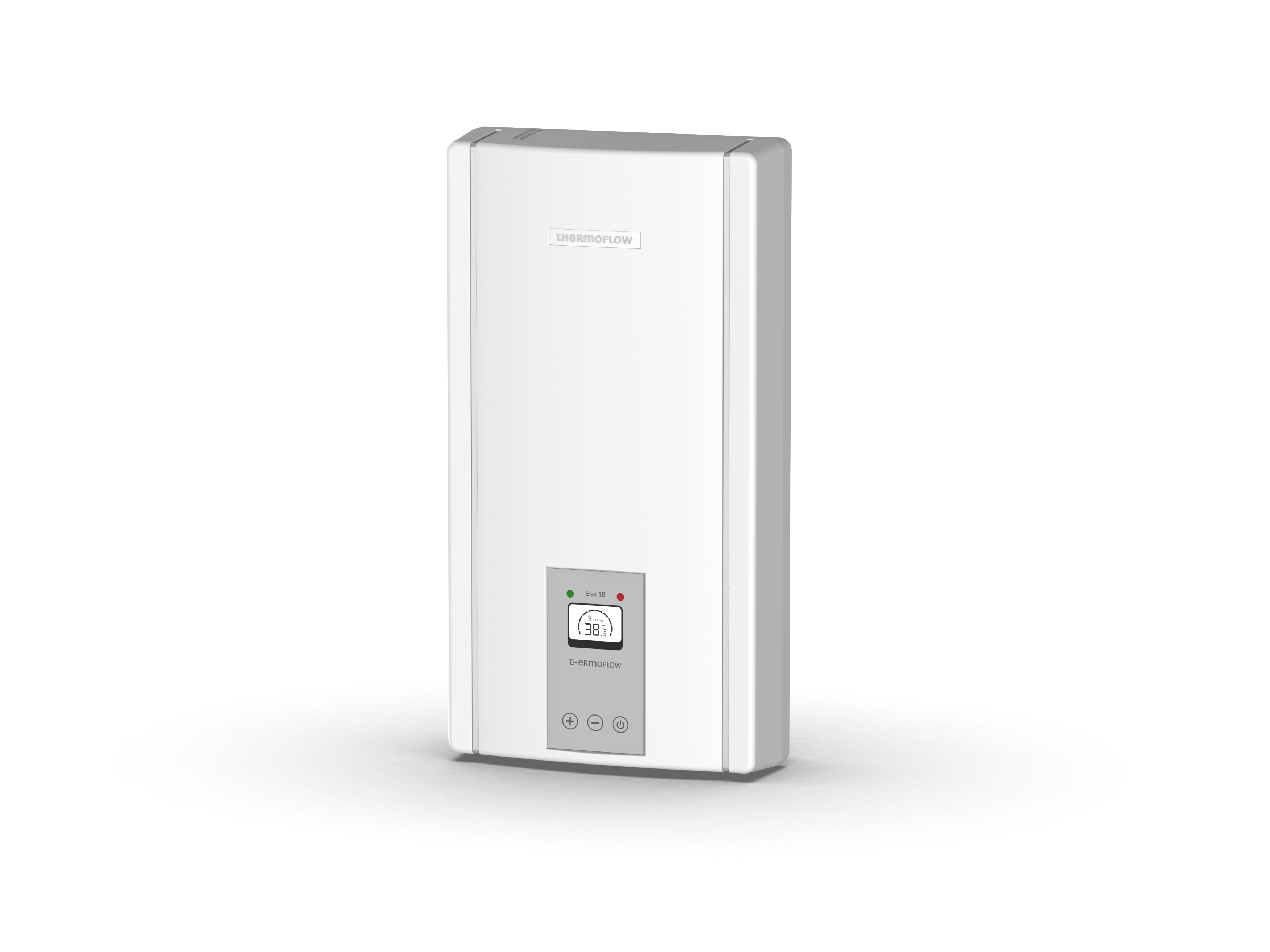 Weißer Warmwasserbereiter mit Digitalanzeige, die 38 anzeigt, und grünen und roten Kontrollleuchten.