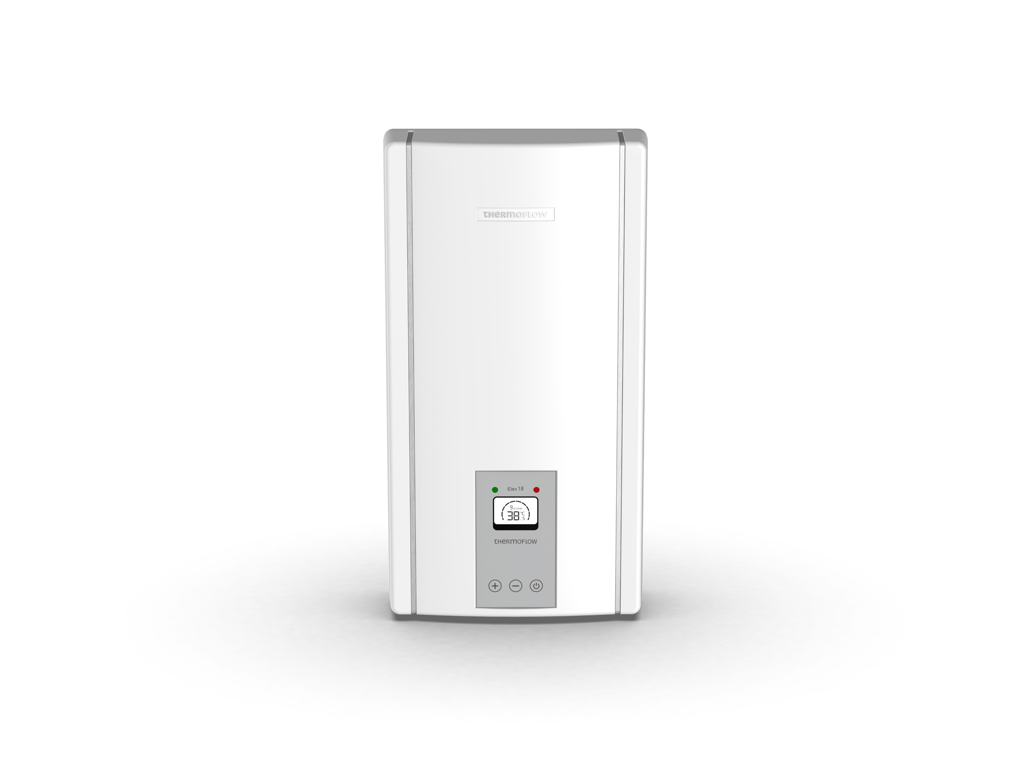Weißer Warmwasserbereiter mit Digitalanzeige der Temperatur.