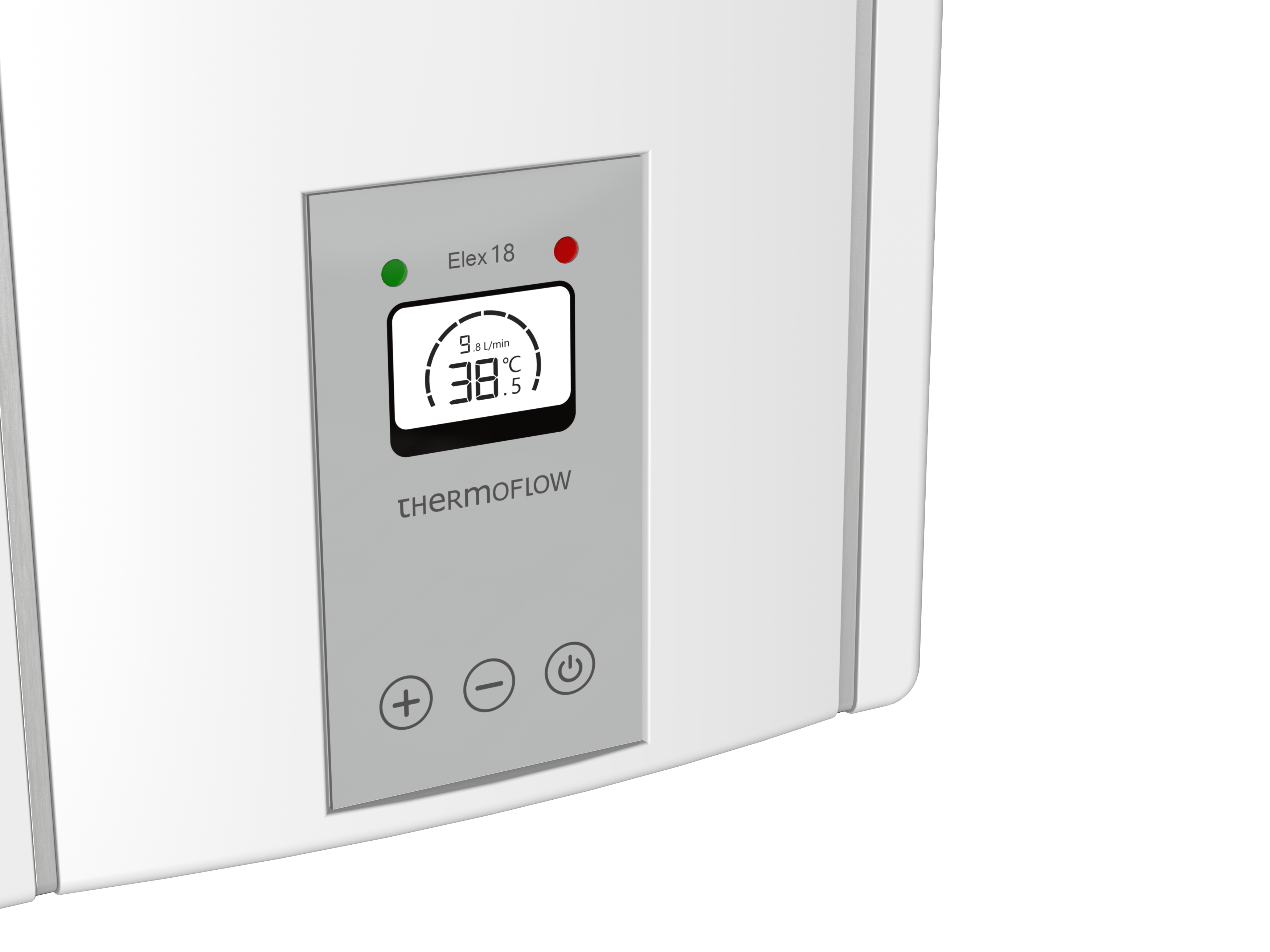 Weißes elektronisches Gerät mit Digitalanzeige, Temperatur und Durchflussrate. Steuerungstasten.